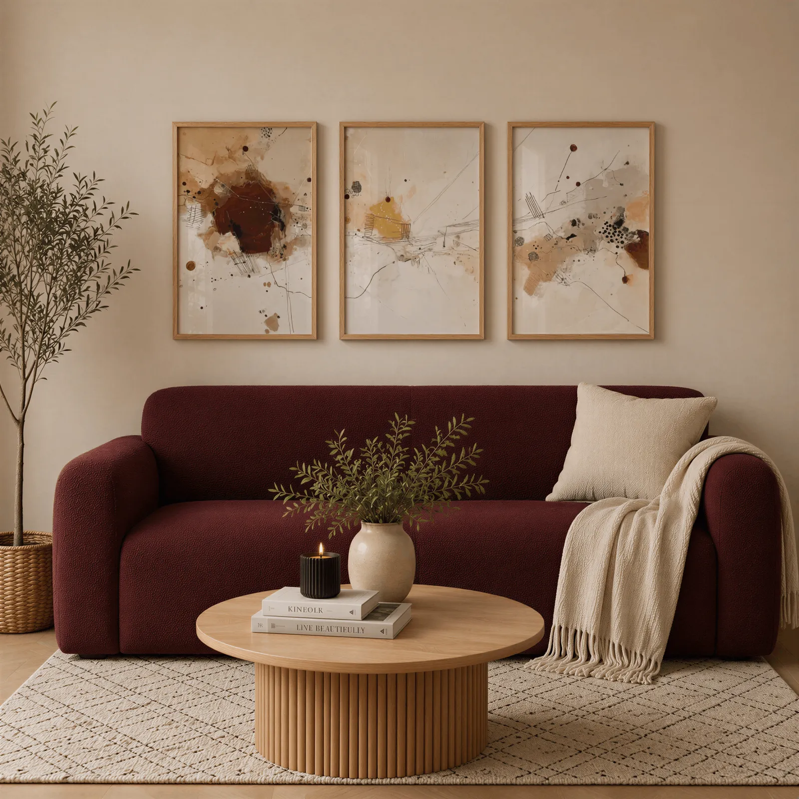 neutral abstract three piece wall art in brown and beige, above a burgundy boucle sofa with a cream throw