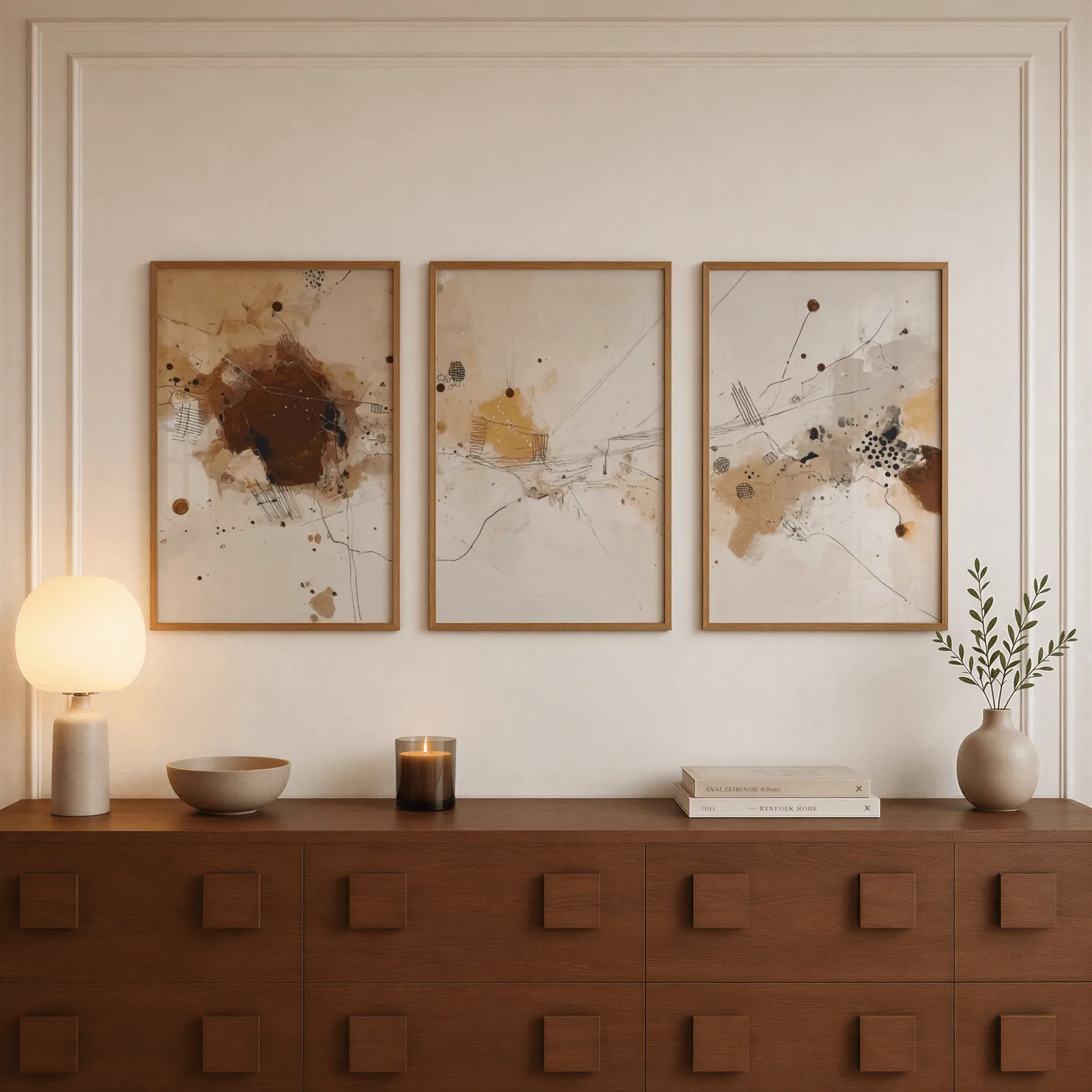 neutral abstract three piece wall art in brown and beige, above a walnut sideboard with a lit candle and glowing lamp