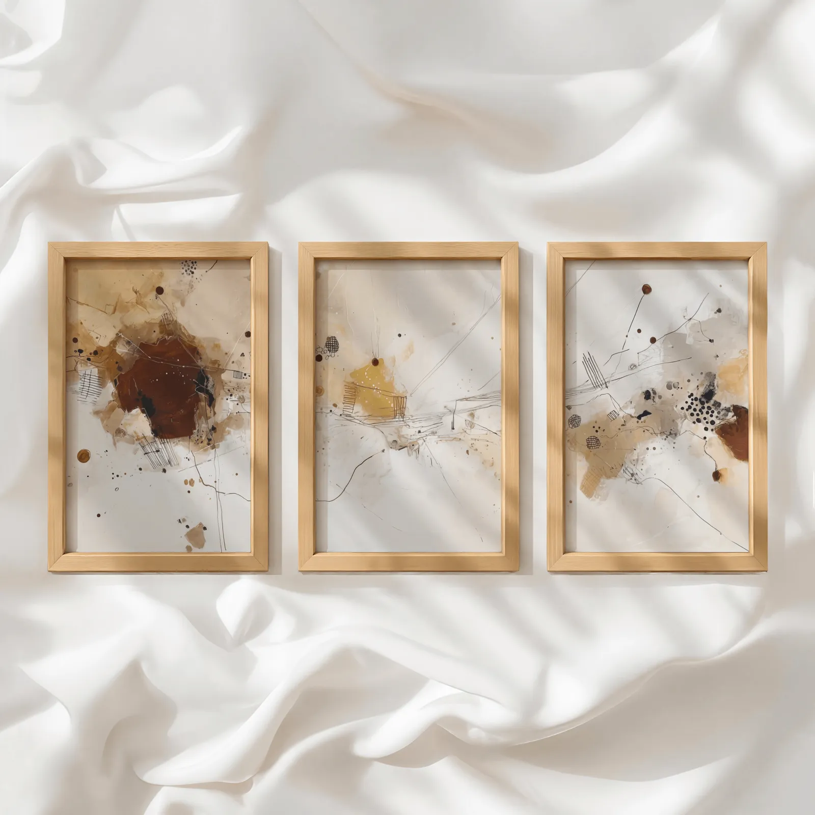 neutral abstract three piece wall art in brown and beige, in a row atop rumpled white silky fabric