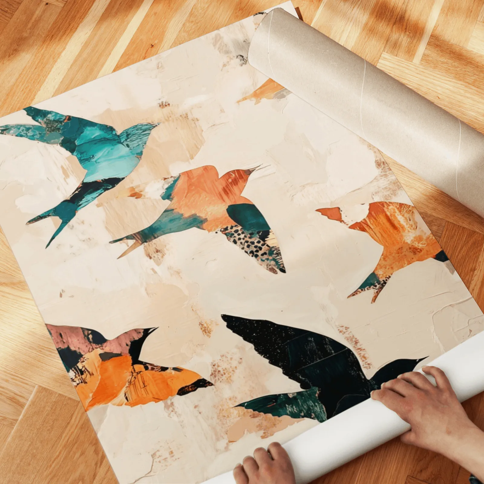 orange and teal bird wall art set of two, unrolled across a herringbone parquet floor by hand