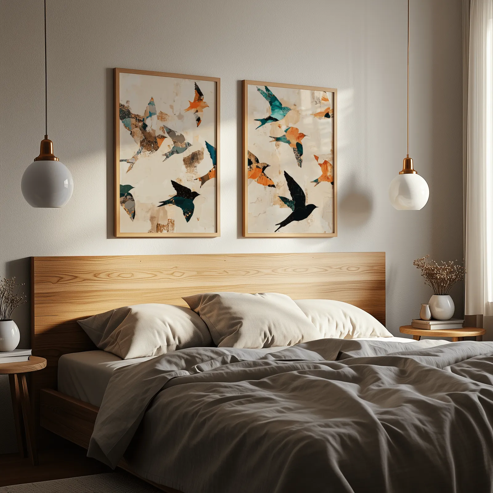 orange and teal bird wall art set of two, above a wooden headboard flanked by globe pendant lights