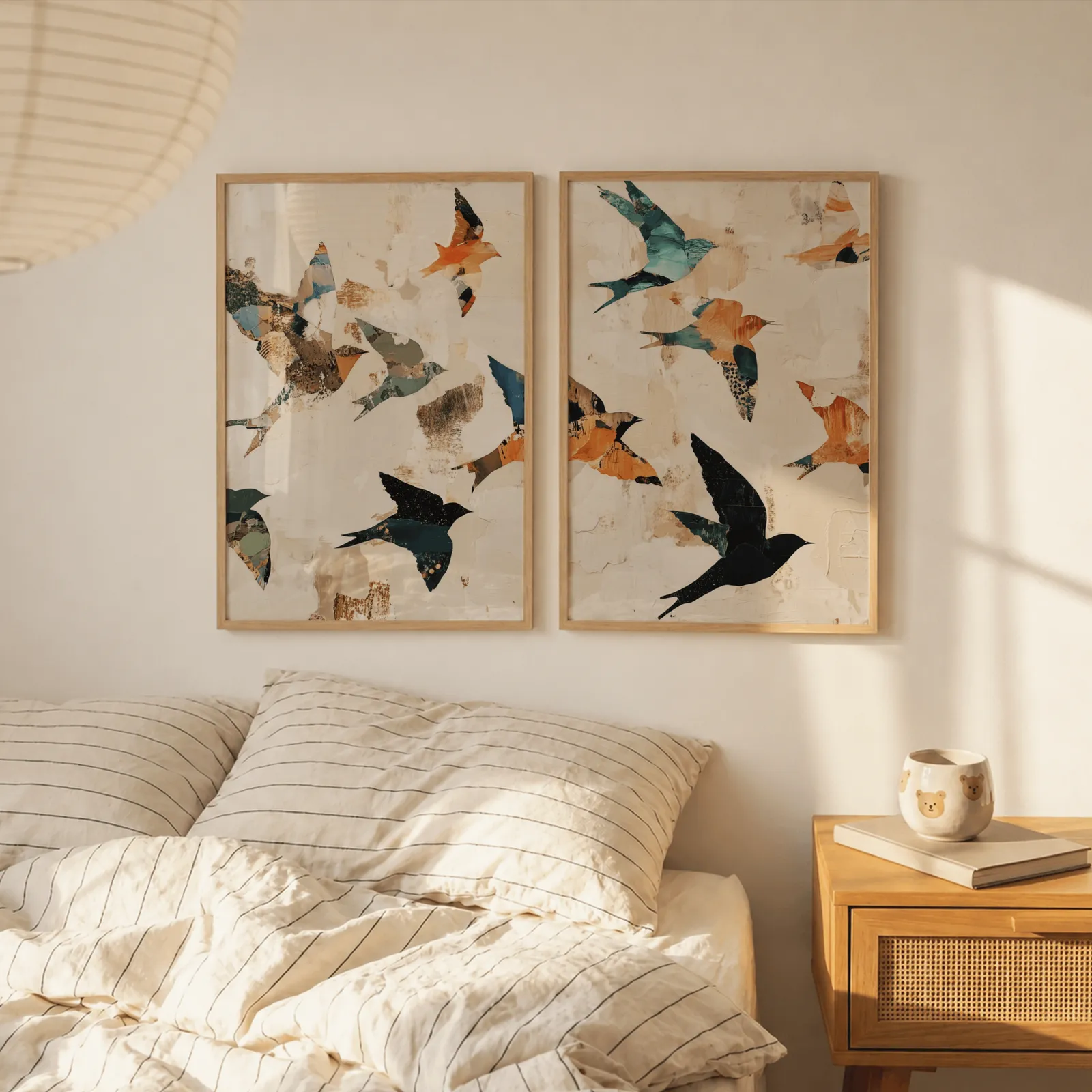 orange and teal bird wall art set of two, above a striped linen bed beside a paper lantern shade