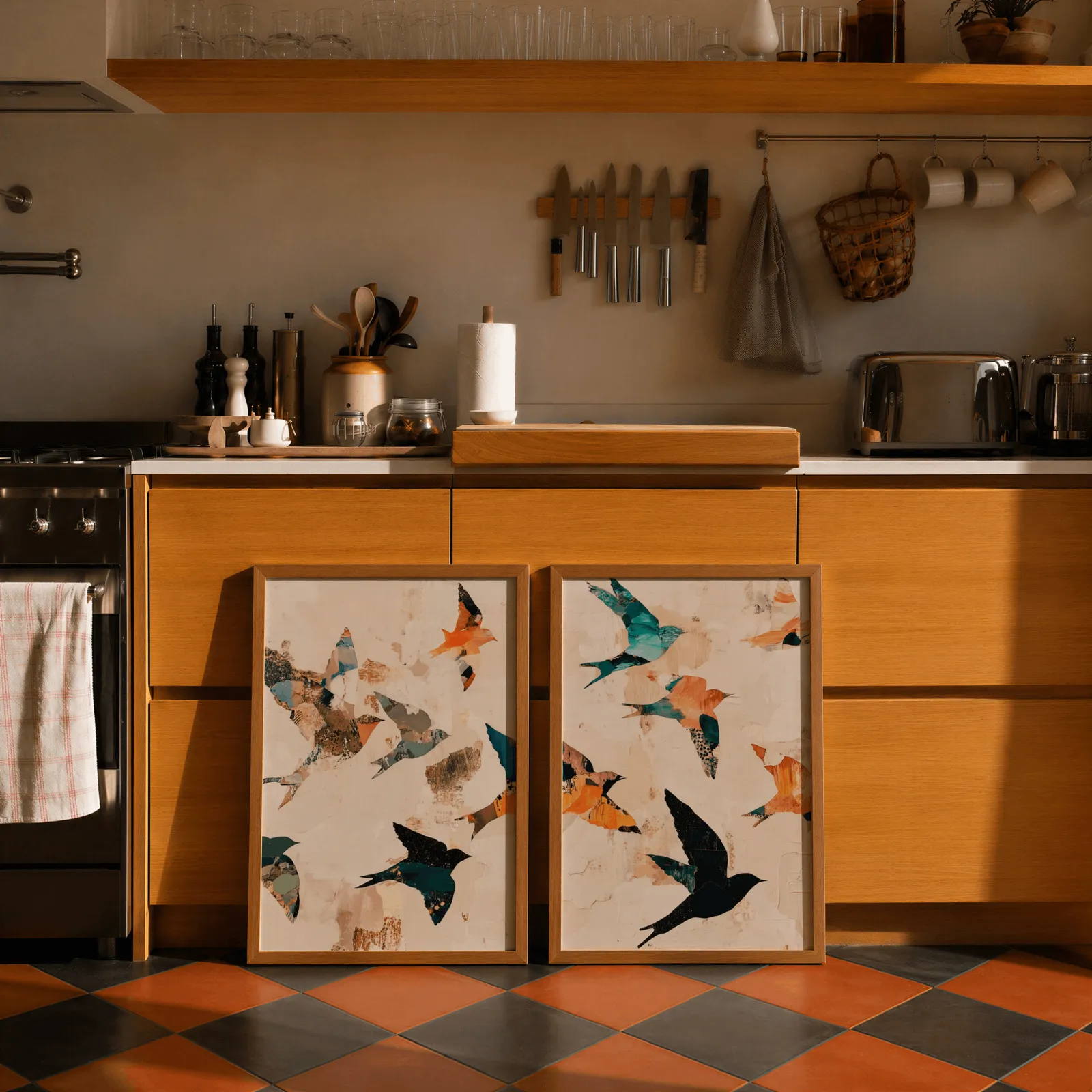 orange and teal bird wall art set of two, leaning against wooden cabinets on terracotta tiled floor