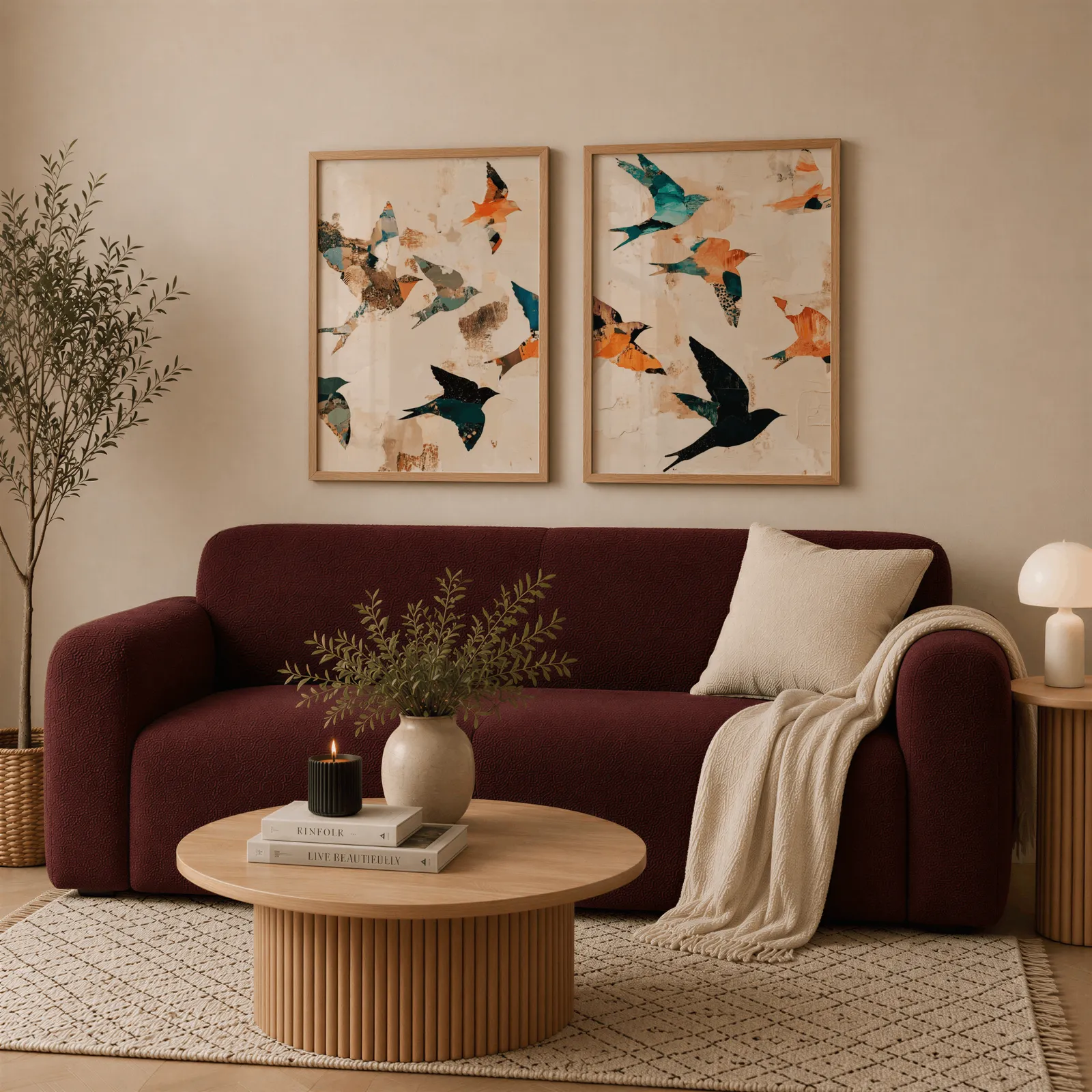 orange and teal bird wall art set of two, above a deep burgundy boucle sofa with cream throw