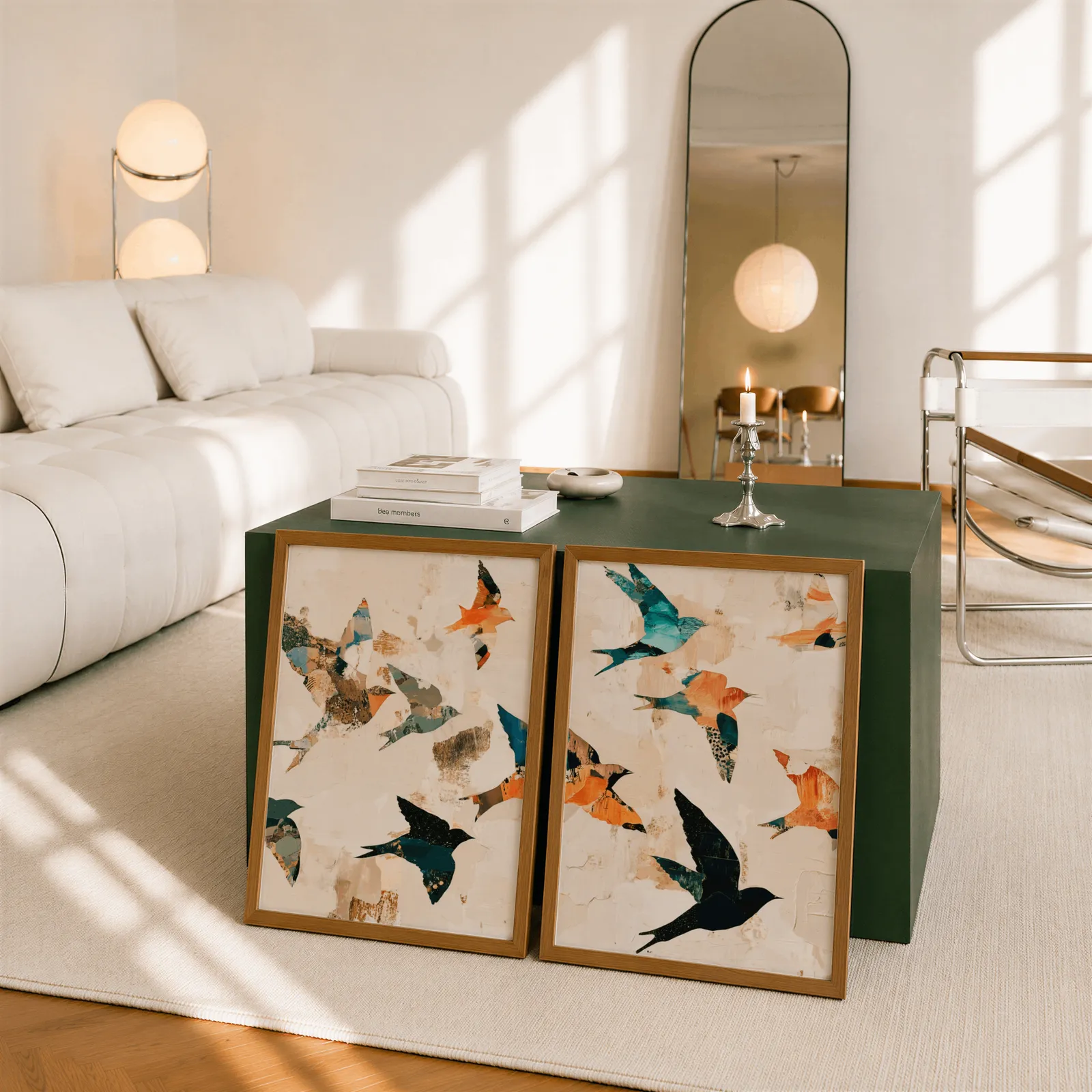 orange and teal bird wall art set of two, leaning against a dark green cube table beside an arched mirror