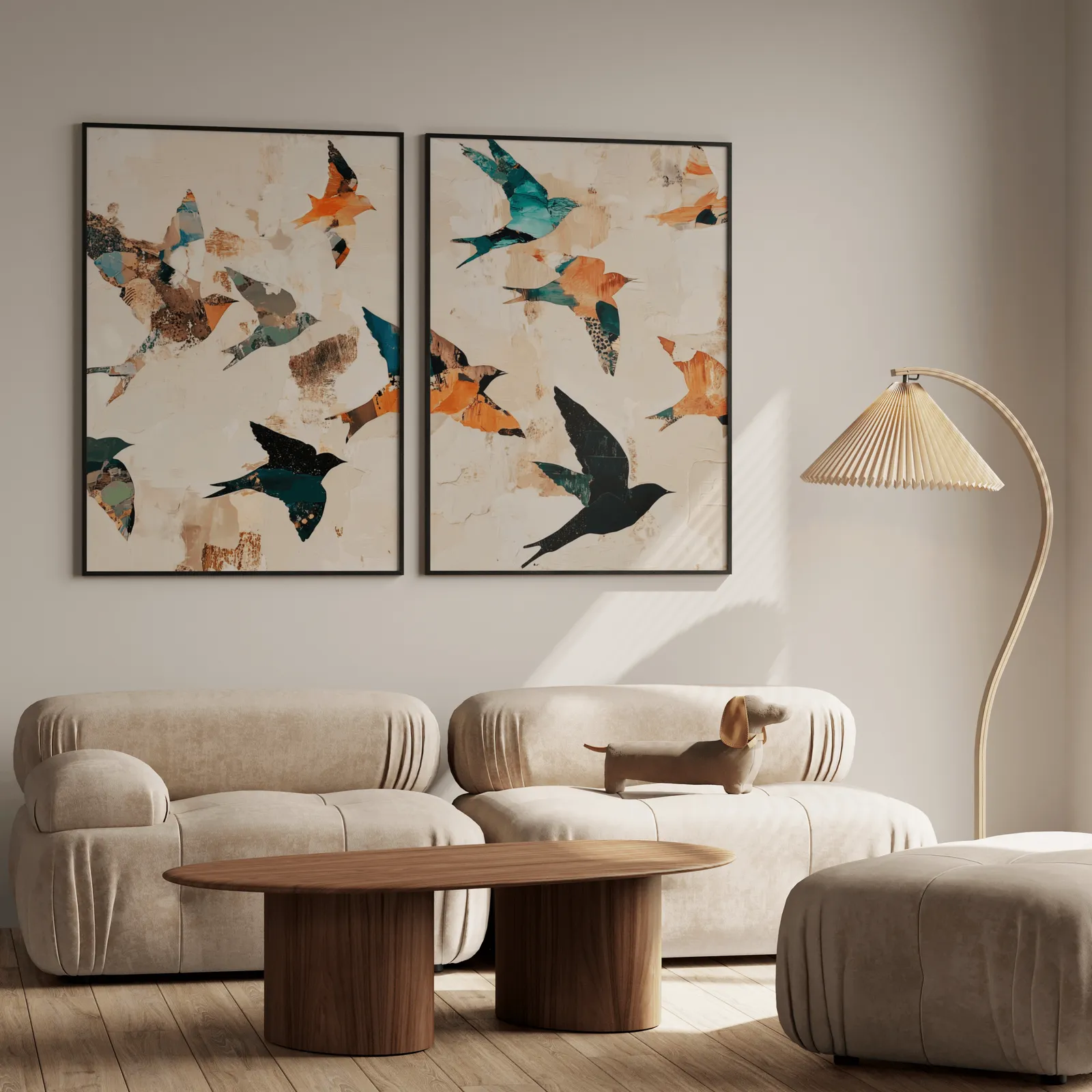 orange and teal bird wall art set of two, above a plush beige sofa with a pleated lamp nearby