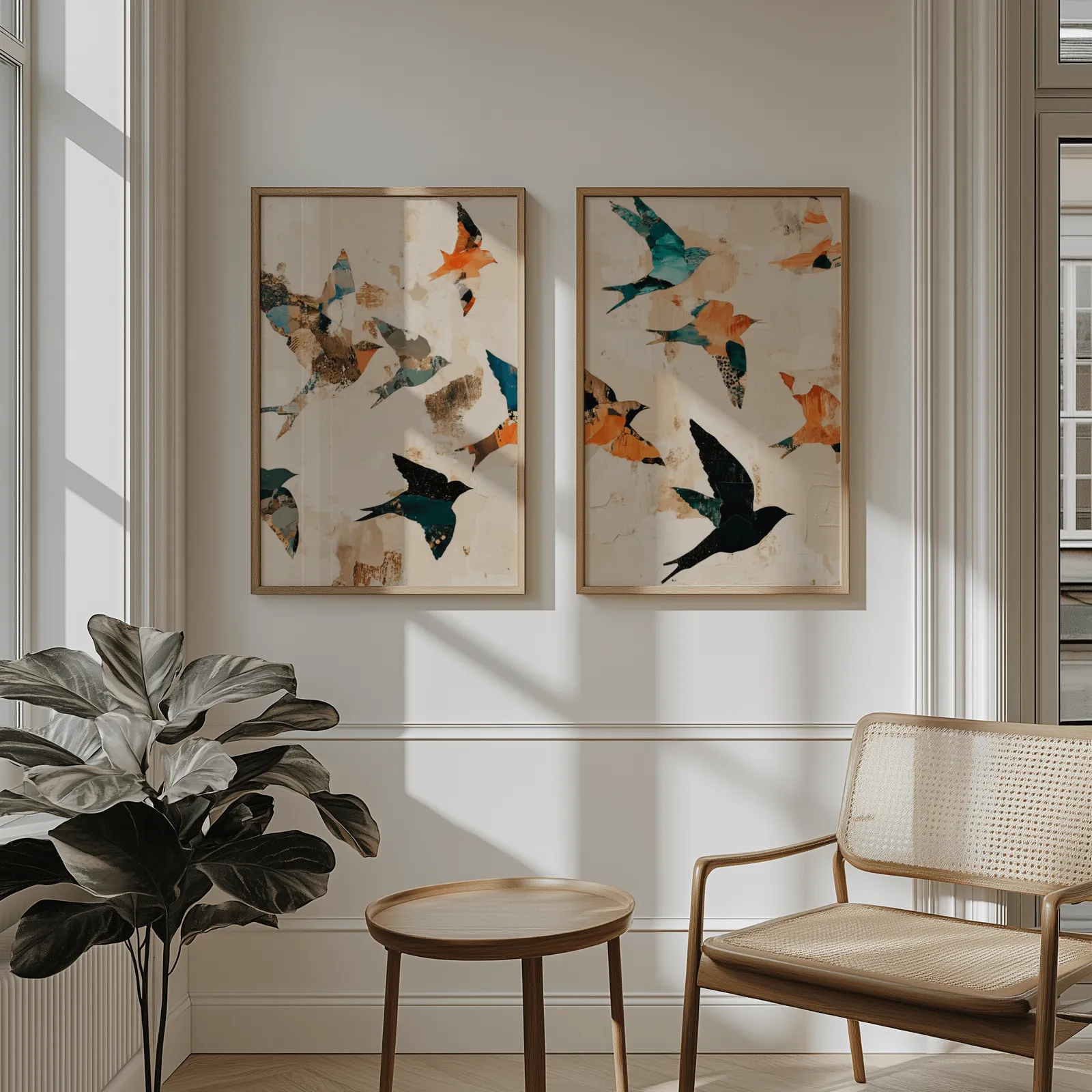 orange and teal bird wall art set of two, above wainscoting beside a cane armchair and fiddle-leaf fig