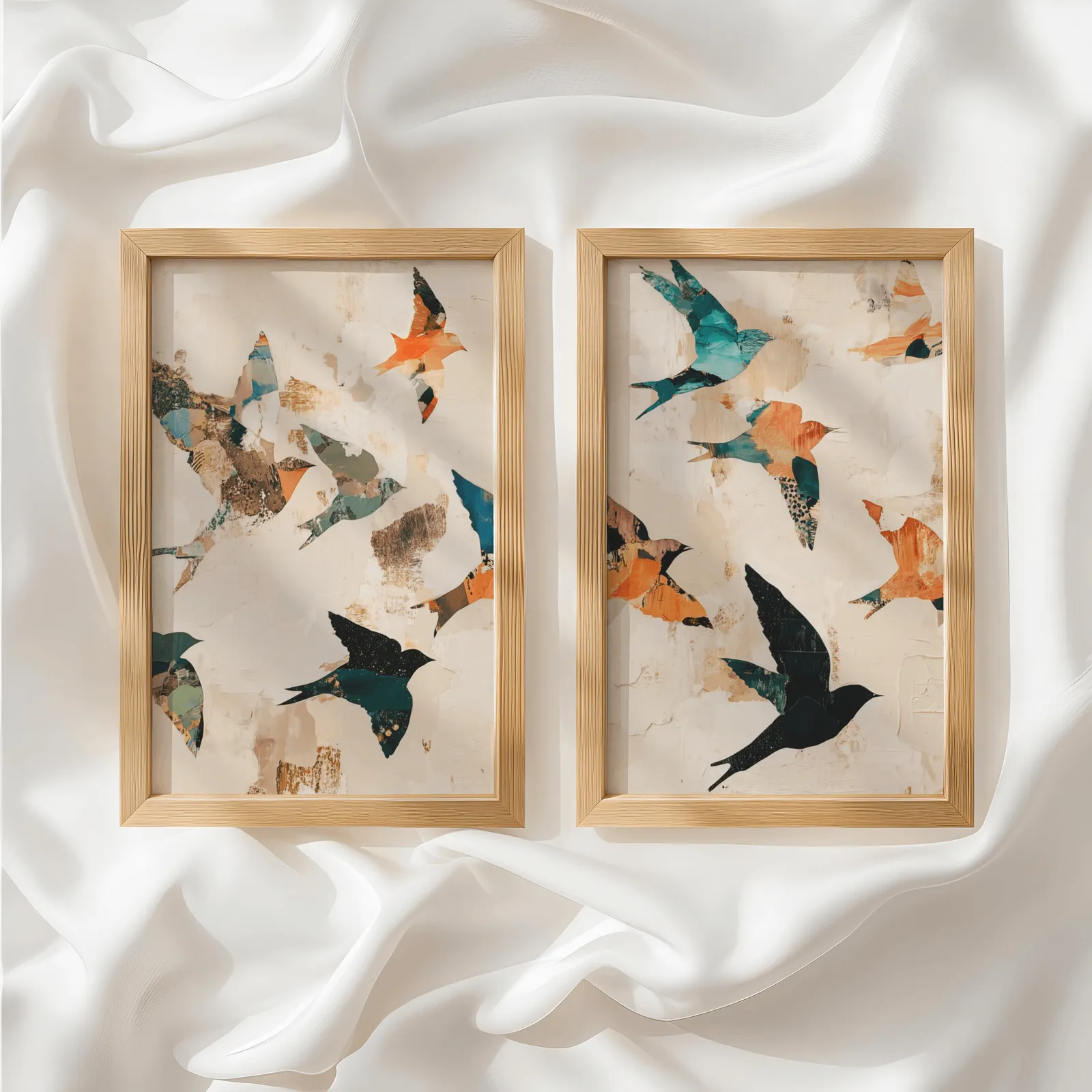 orange and teal bird wall art set of two, side by side atop rumpled white silky fabric