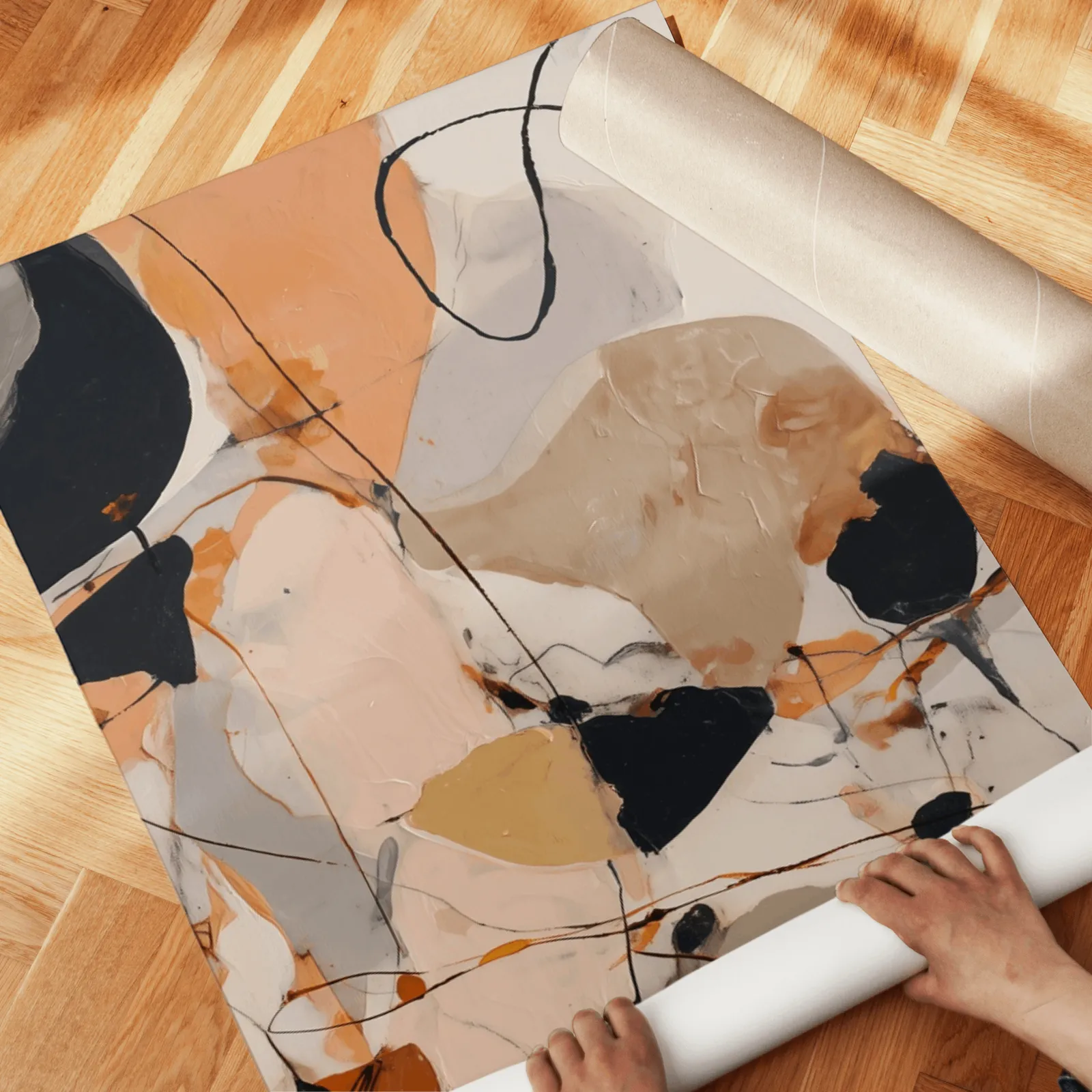 orange abstract triptych wall art set, unrolled across a herringbone wood floor by hand