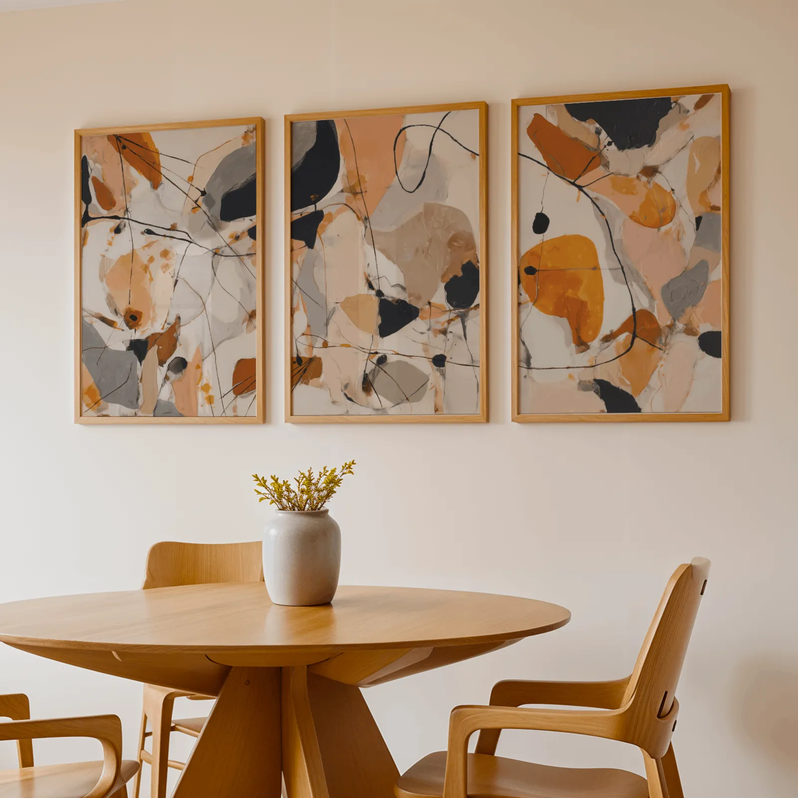 orange abstract triptych wall art set, above a round wooden table with a stoneware vase