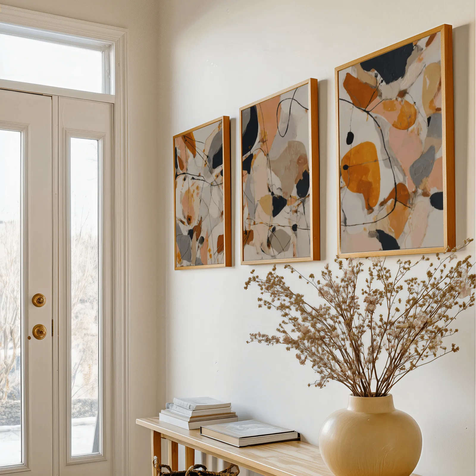 orange abstract triptych wall art set, above a console table with a yellow vase of dried branches