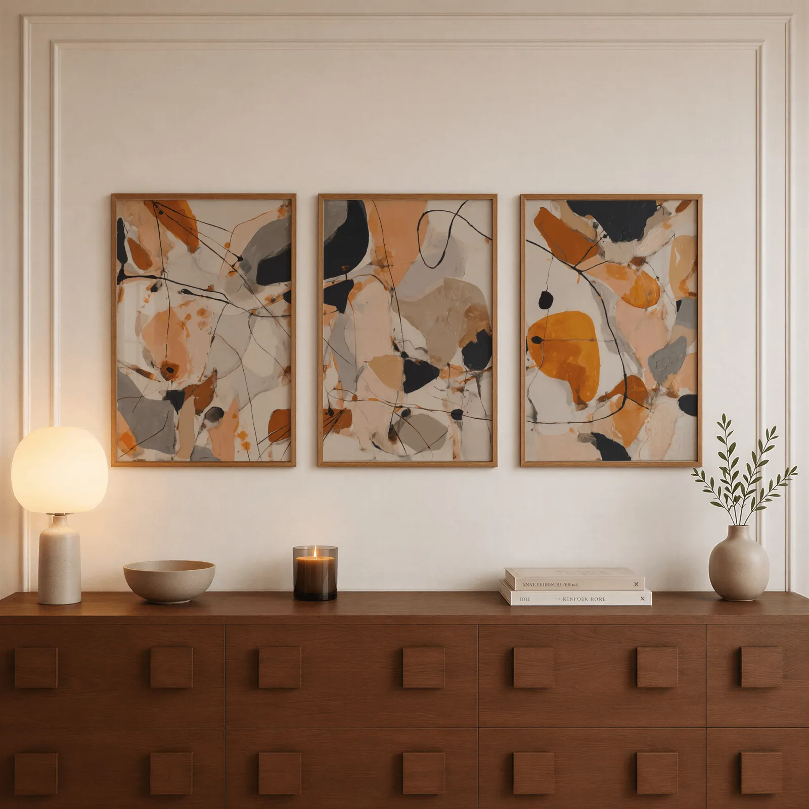 orange abstract triptych wall art set, above a walnut sideboard with a lit candle and glowing lamp