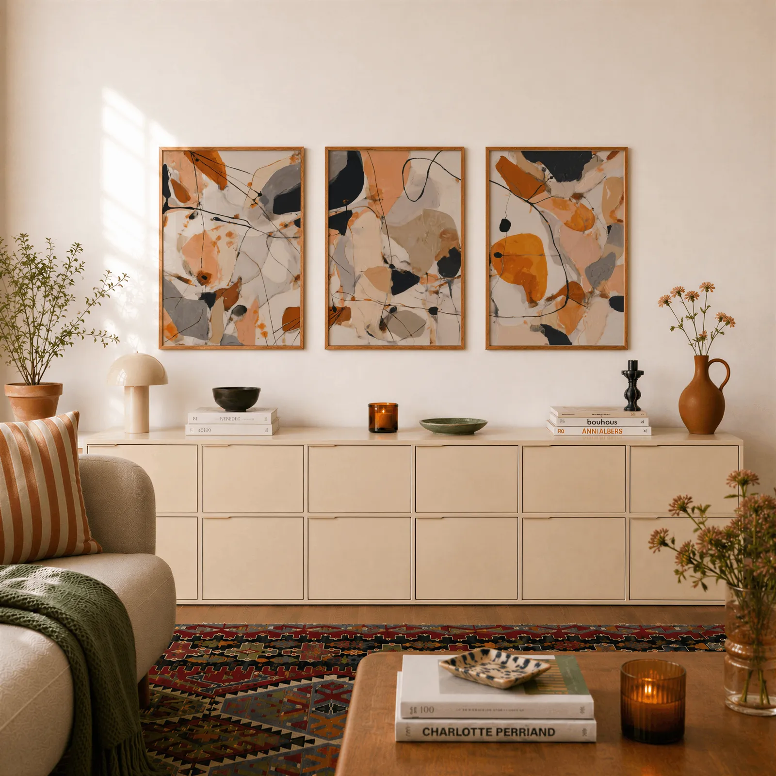 orange abstract triptych wall art set, above a long cream sideboard topped with books and a terracotta jug