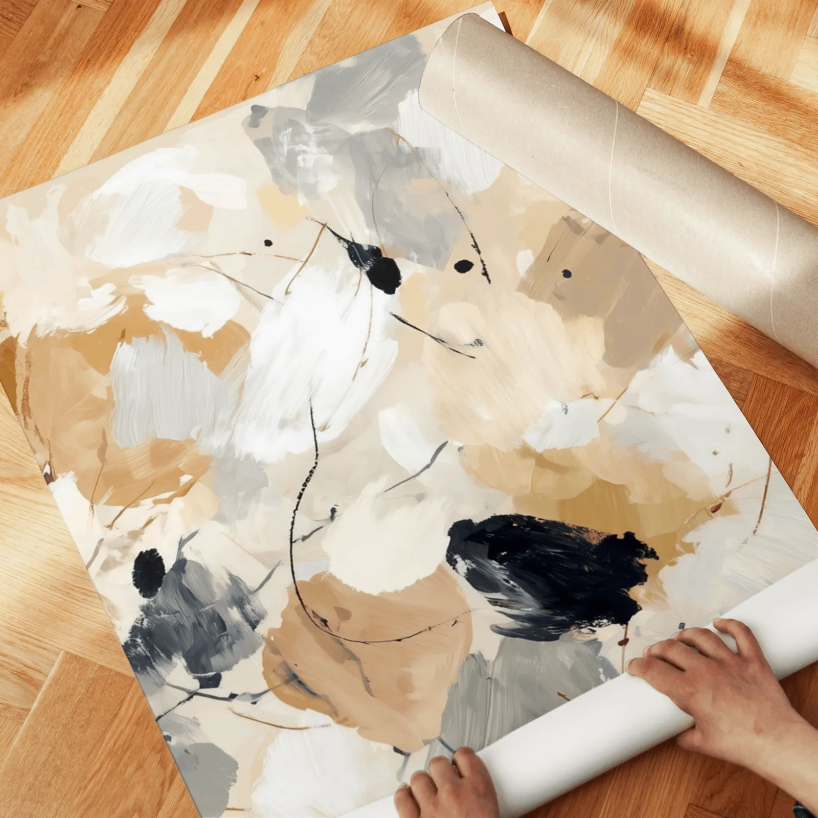 neutral abstract triptych wall art, unrolled across a herringbone wood floor by hand