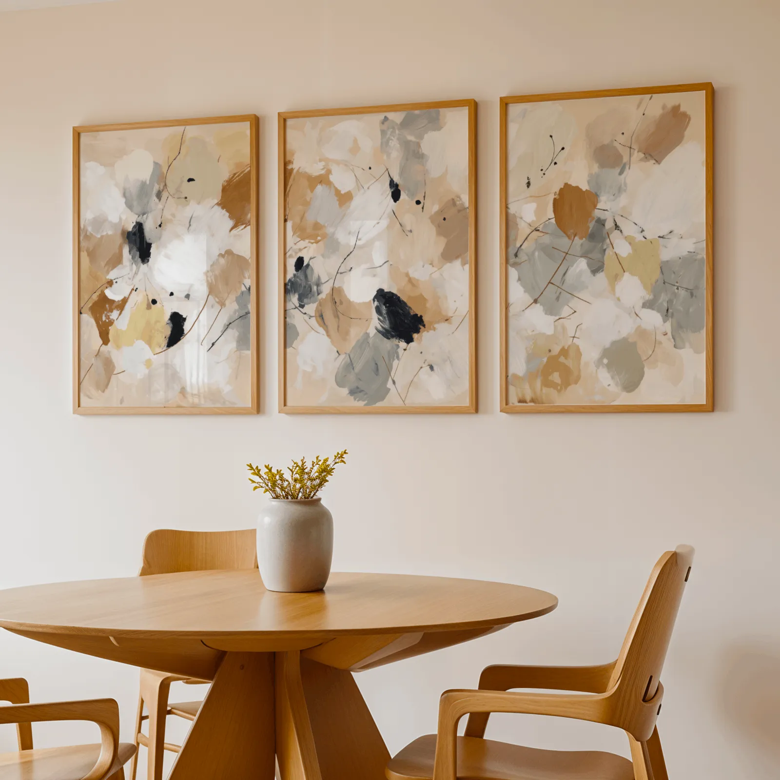 neutral abstract triptych wall art, above a round wooden table with a stoneware vase