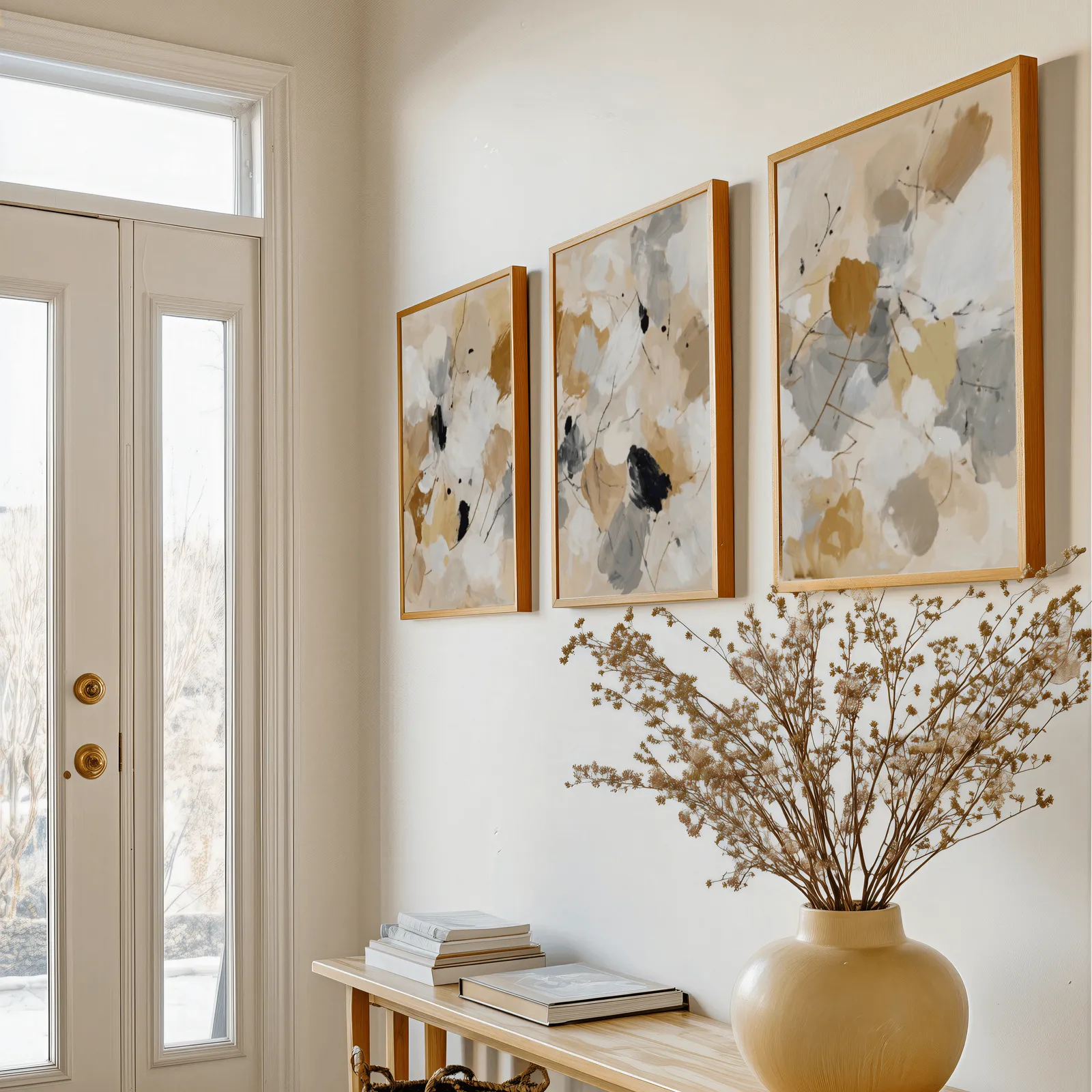 neutral abstract triptych wall art, above a console table with a yellow vase of dried branches