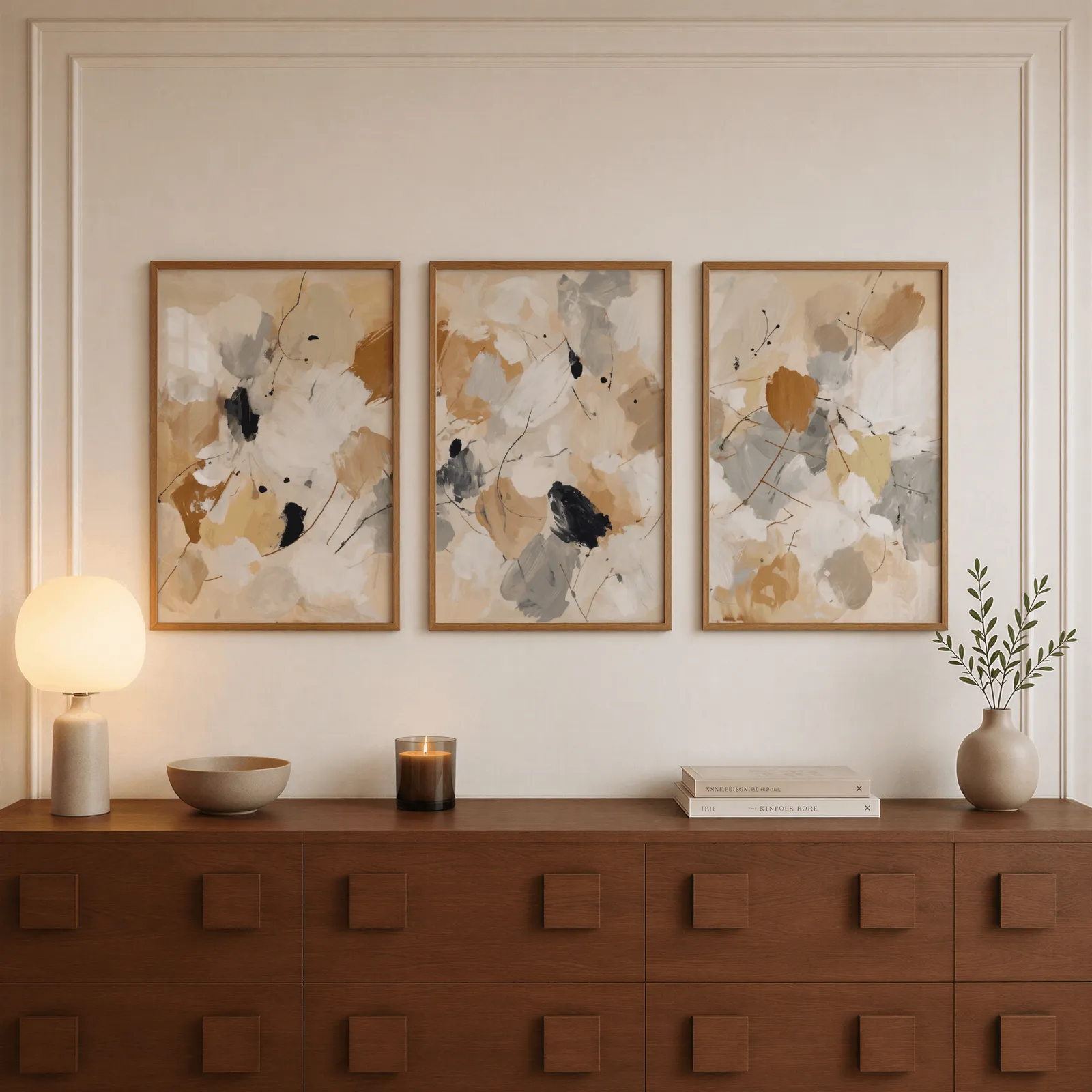 neutral abstract triptych wall art, above a walnut sideboard with a lit candle and glowing lamp