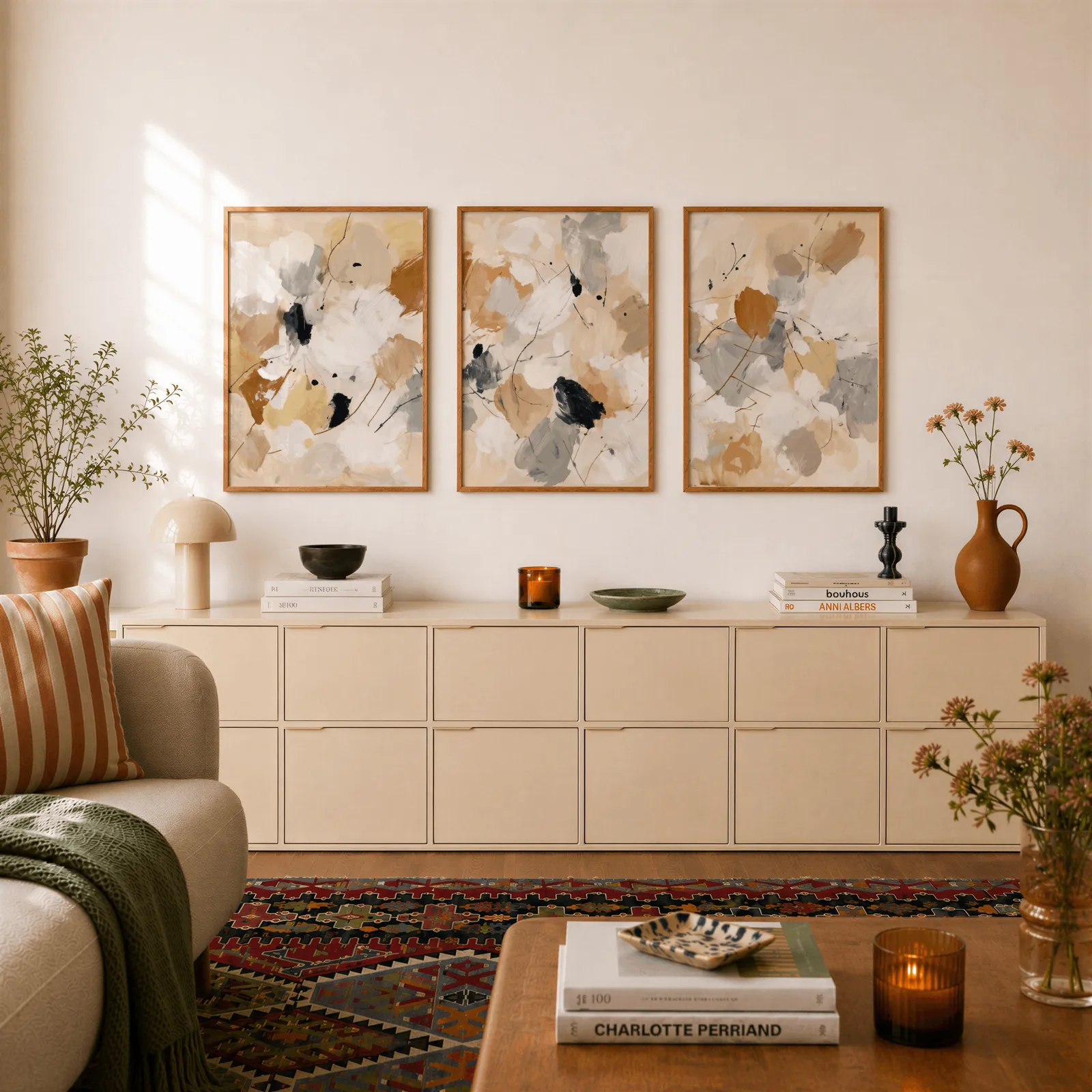 neutral abstract triptych wall art, above a long cream sideboard topped with books and a terracotta jug