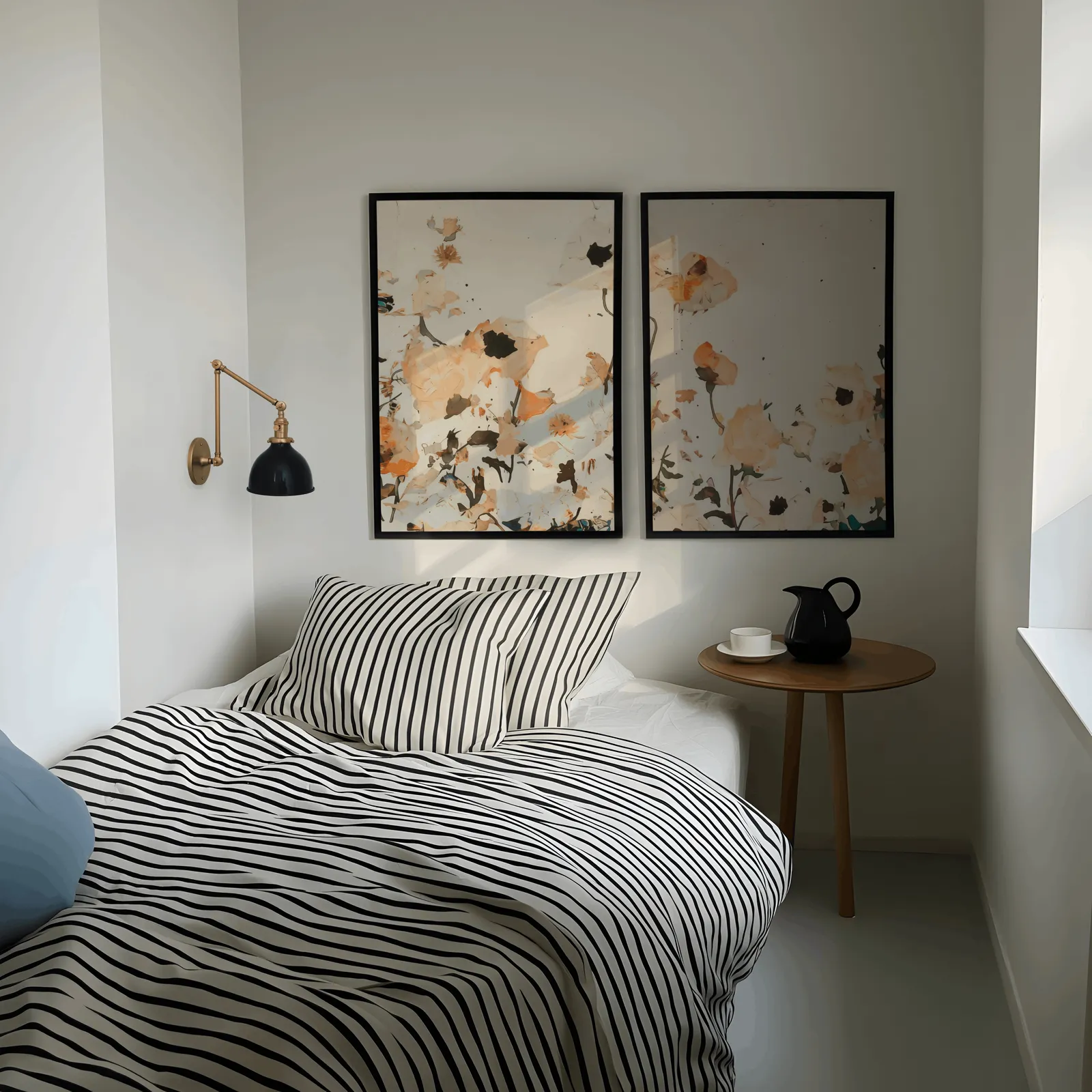 orange abstract floral wall art set of two, above a striped bed beside a brass swing-arm lamp