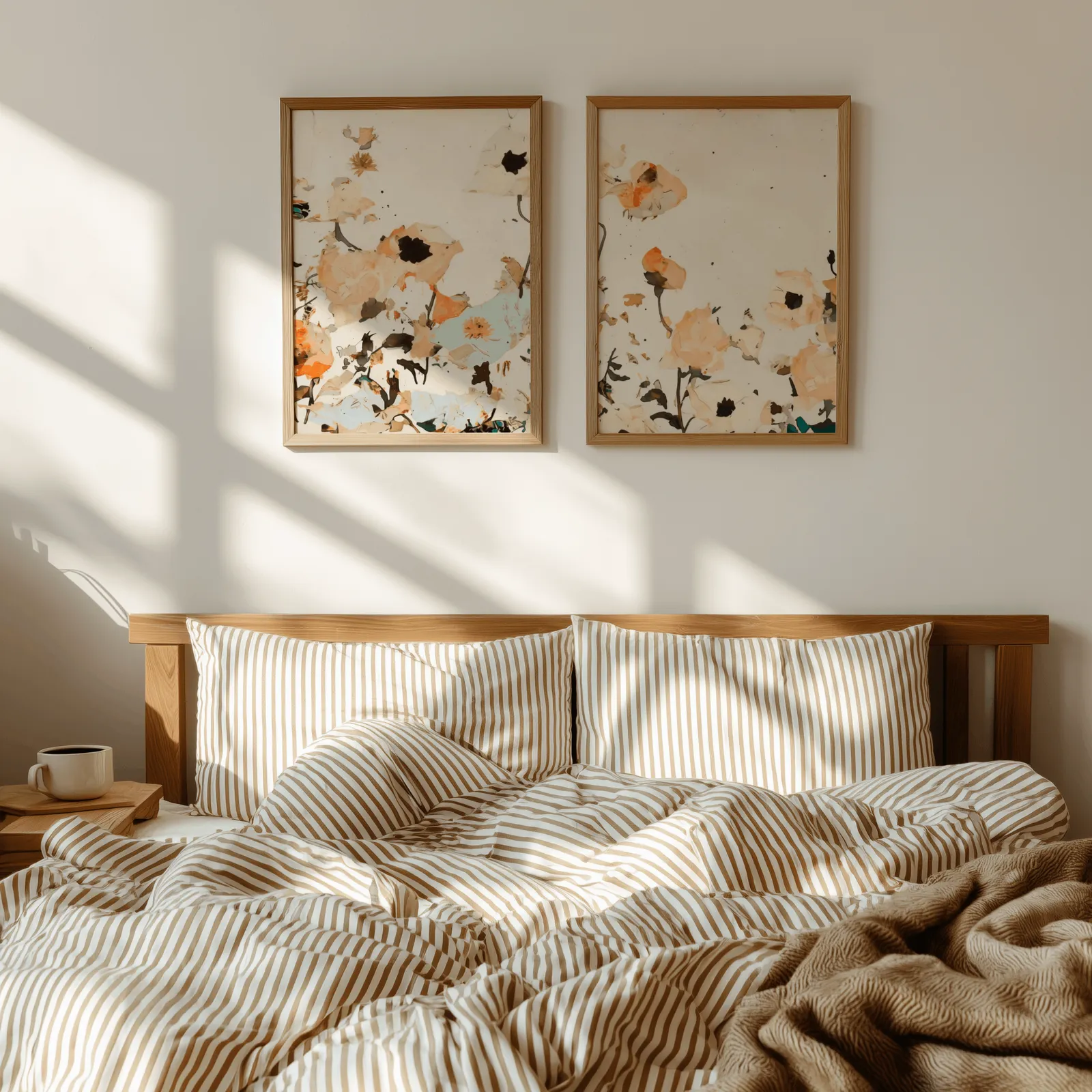 orange abstract floral wall art set of two, above a wooden headboard with striped bedding and raking sunlight