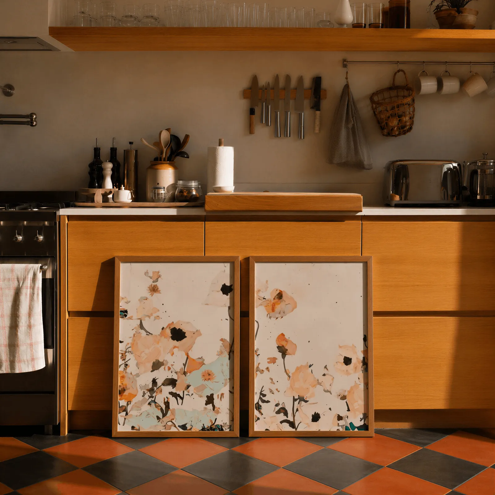 orange abstract floral wall art set of two, leaning against wooden cabinets on terracotta tiled floor