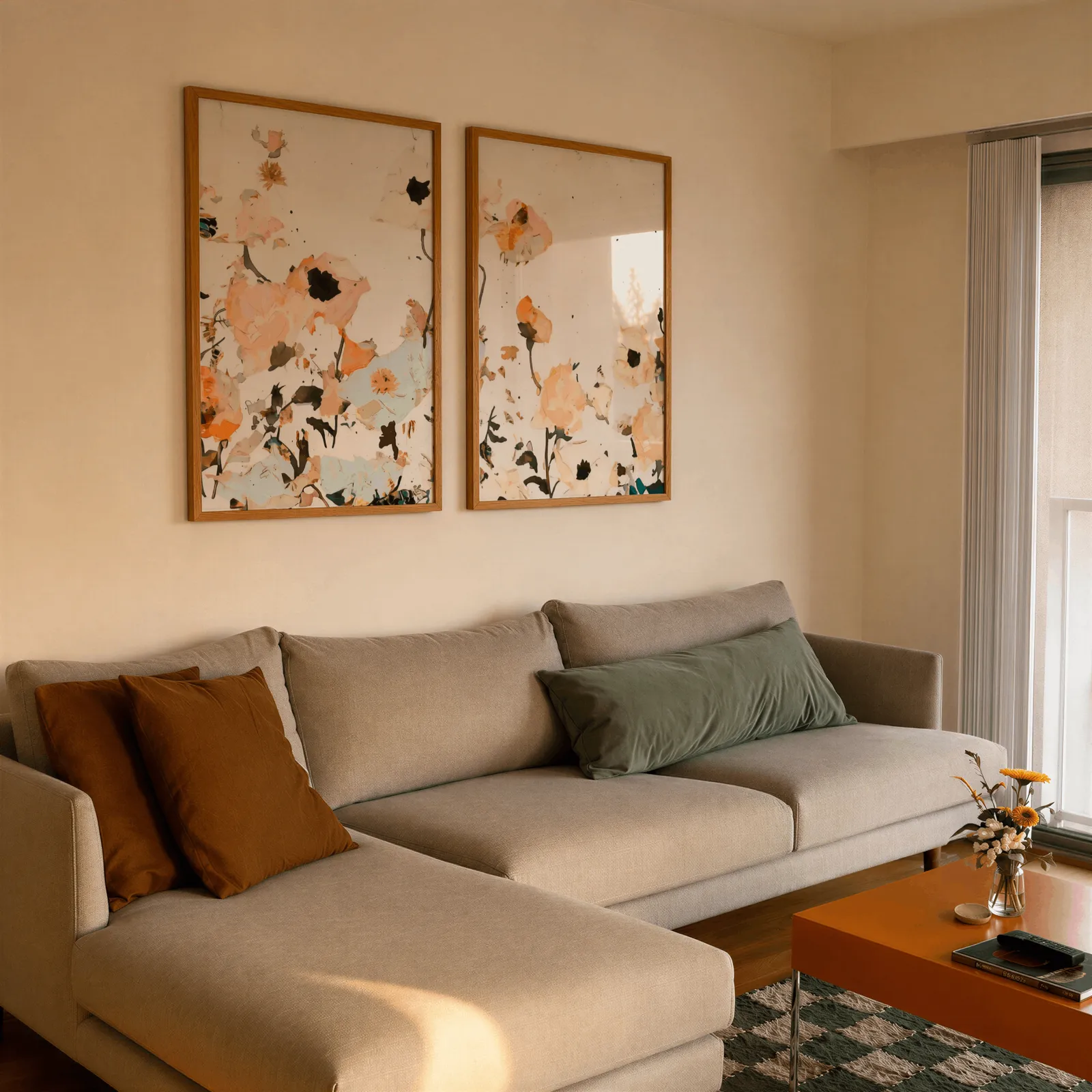 orange abstract floral wall art set of two, side by side above a beige sectional sofa