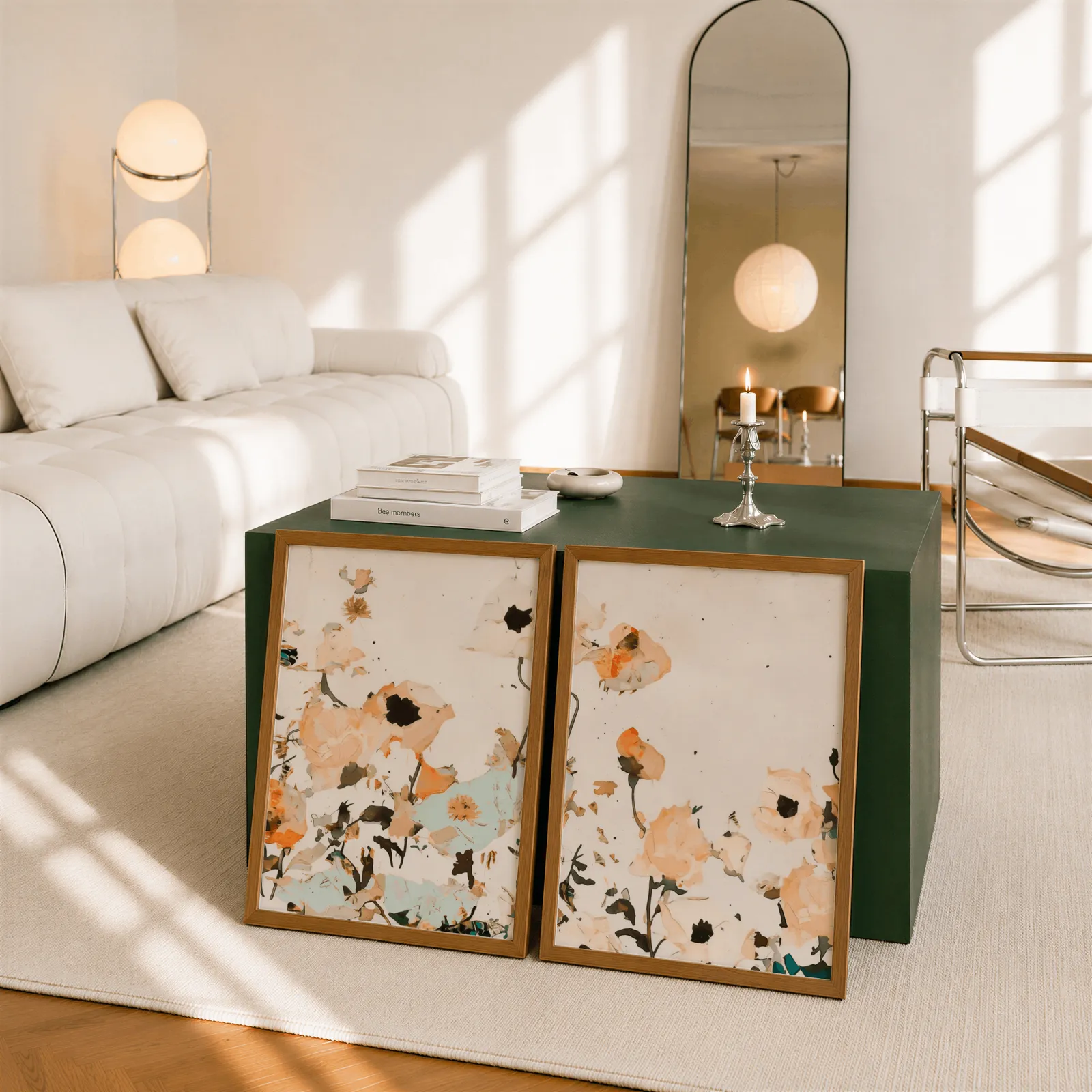 orange abstract floral wall art set of two, leaning against a dark green cube table beside an arched mirror