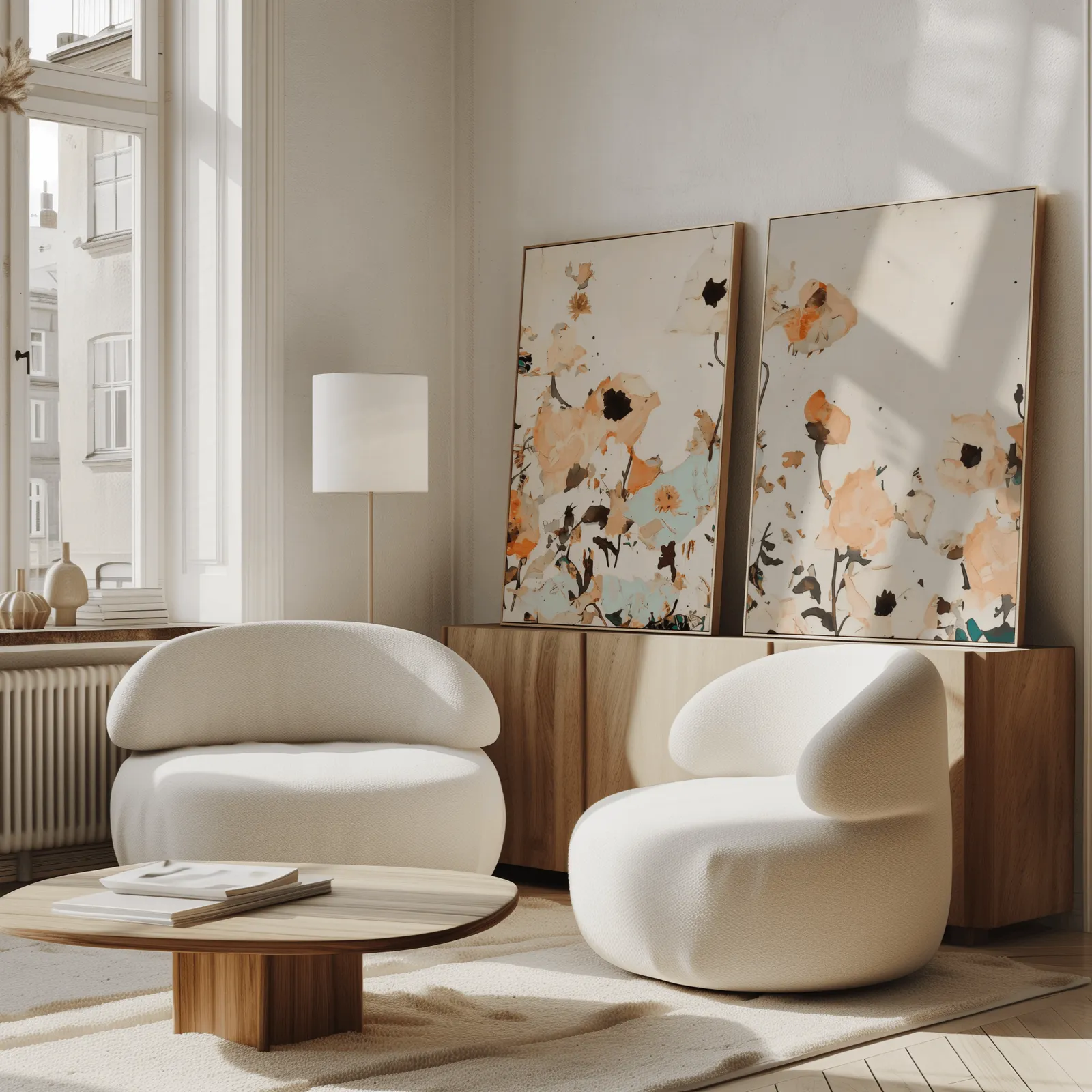 orange abstract floral wall art set of two, propped against a wooden sideboard beside boucle armchairs