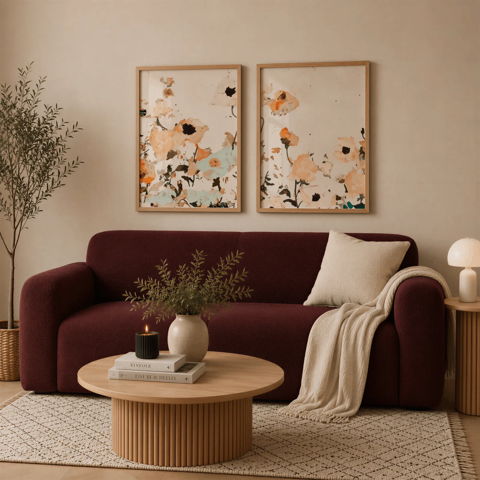 orange abstract floral wall art set of two, above a deep burgundy boucle sofa with cream throw