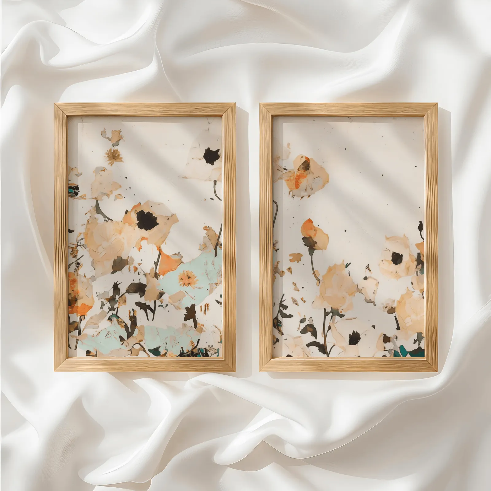 orange abstract floral wall art set of two, side by side atop rumpled white silky fabric