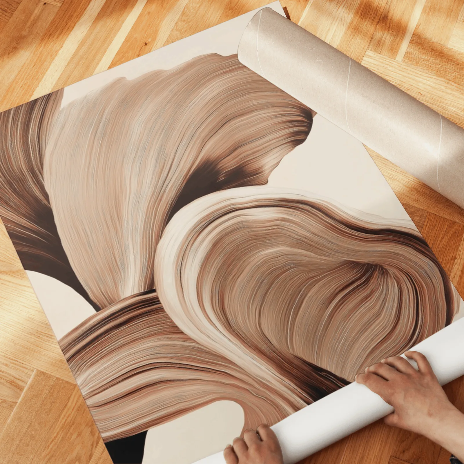 beige abstract wall art set of 2 with brown flowing curves, unrolled across a herringbone parquet floor by hand