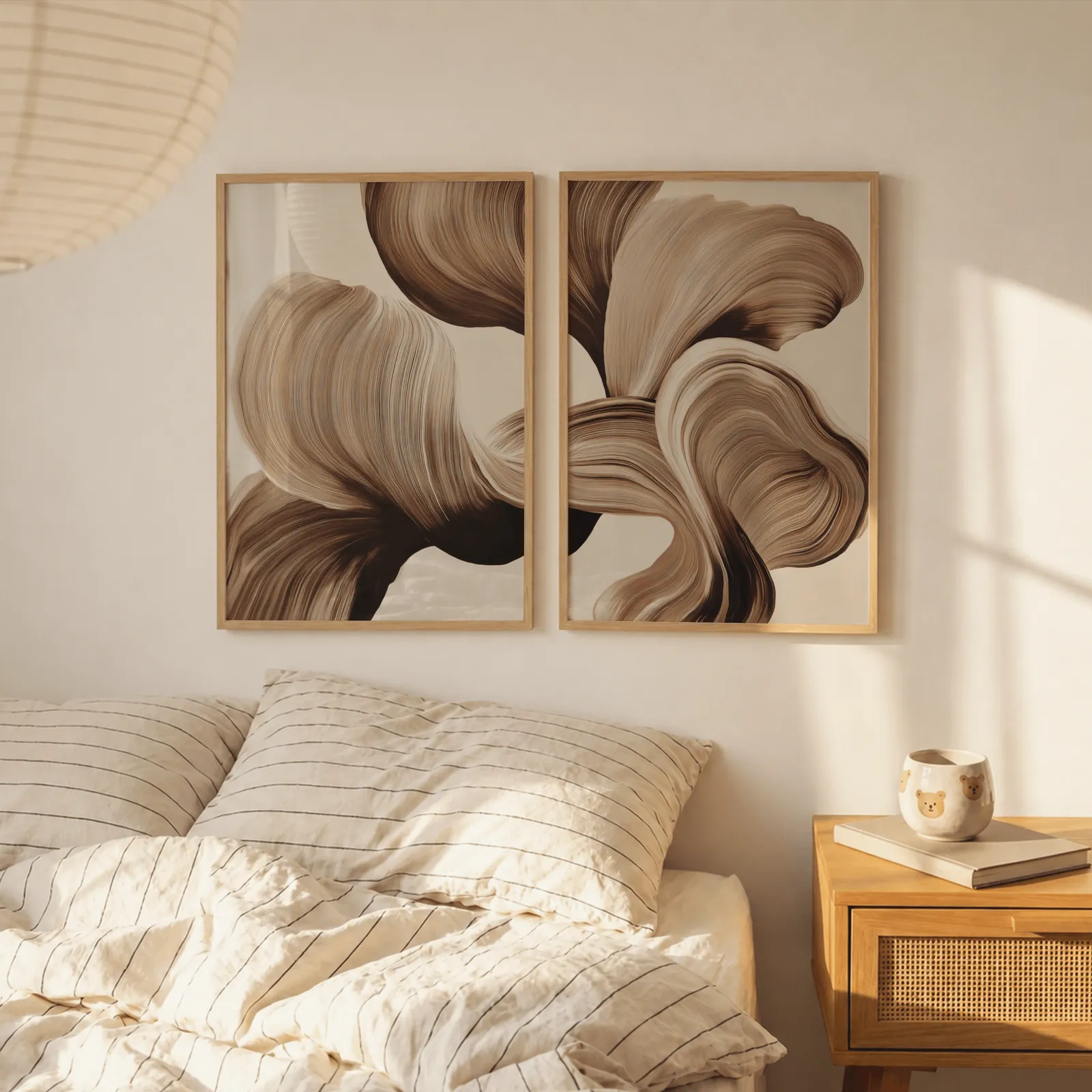 beige abstract wall art set of 2 with brown flowing curves, above a striped linen bed beside a paper lantern shade