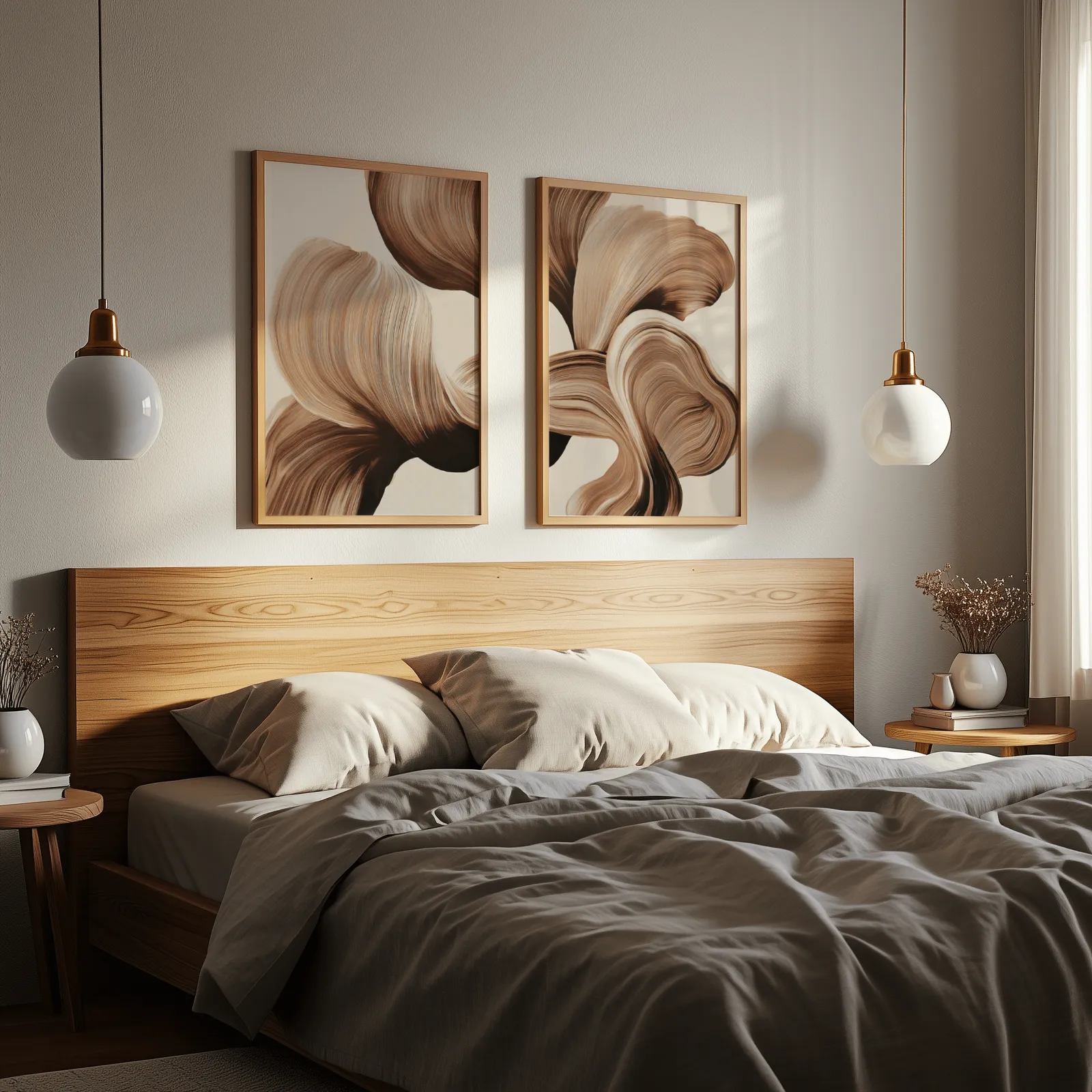 beige abstract wall art set of 2 with brown flowing curves, above a wooden headboard flanked by globe pendant lights