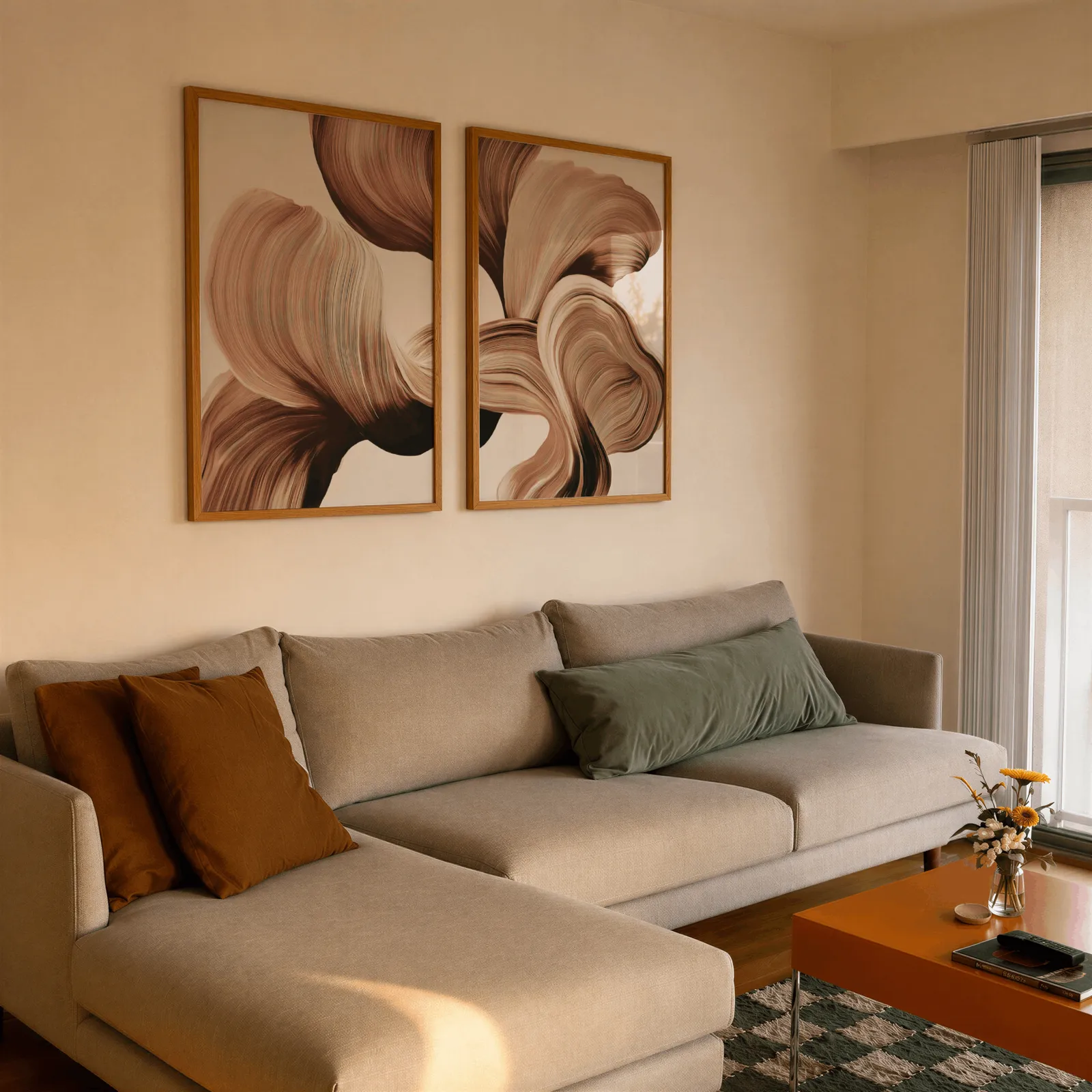 beige abstract wall art set of 2 with brown flowing curves, side by side above a beige sectional sofa