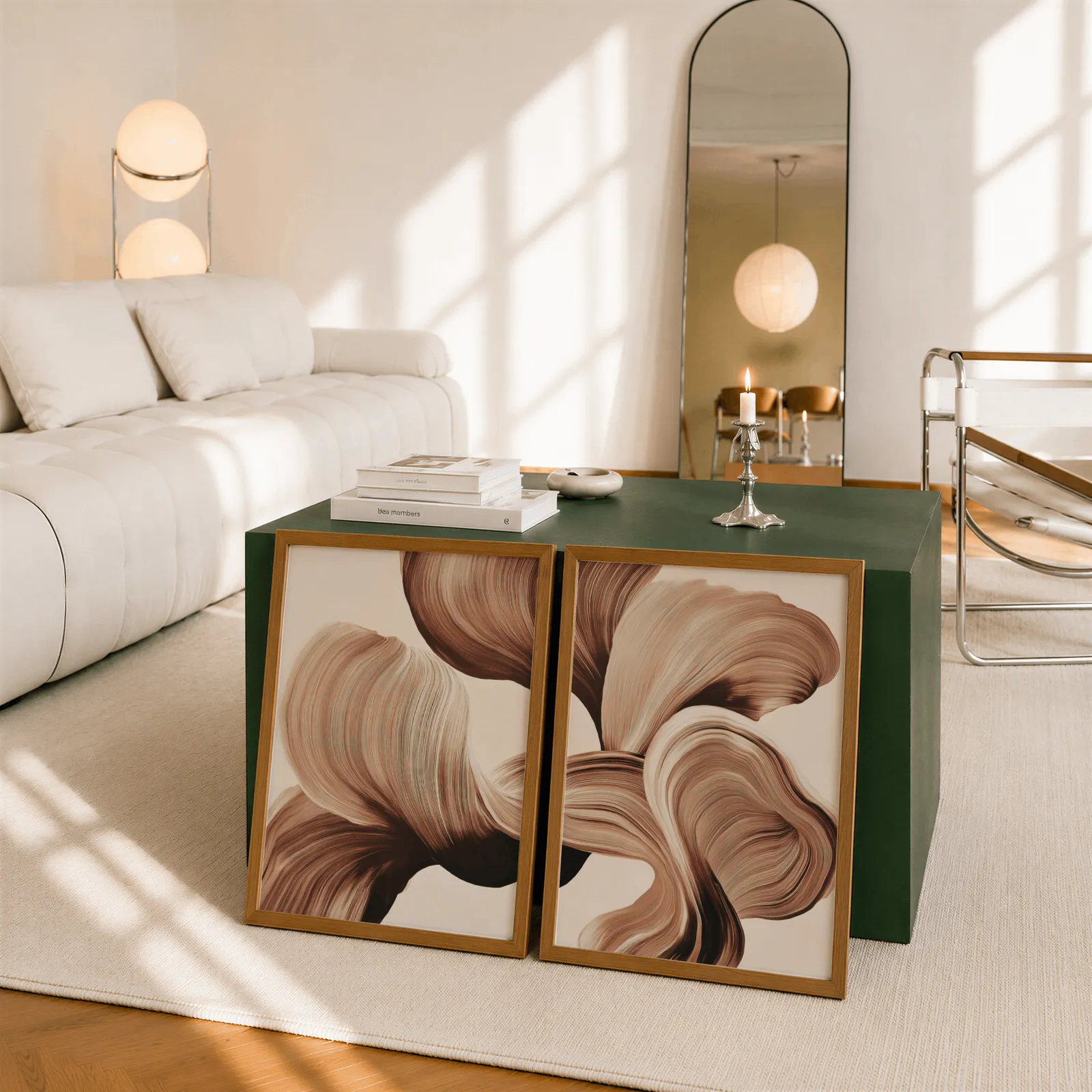 beige abstract wall art set of 2 with brown flowing curves, leaning against a dark green cube table beside an arched mirror