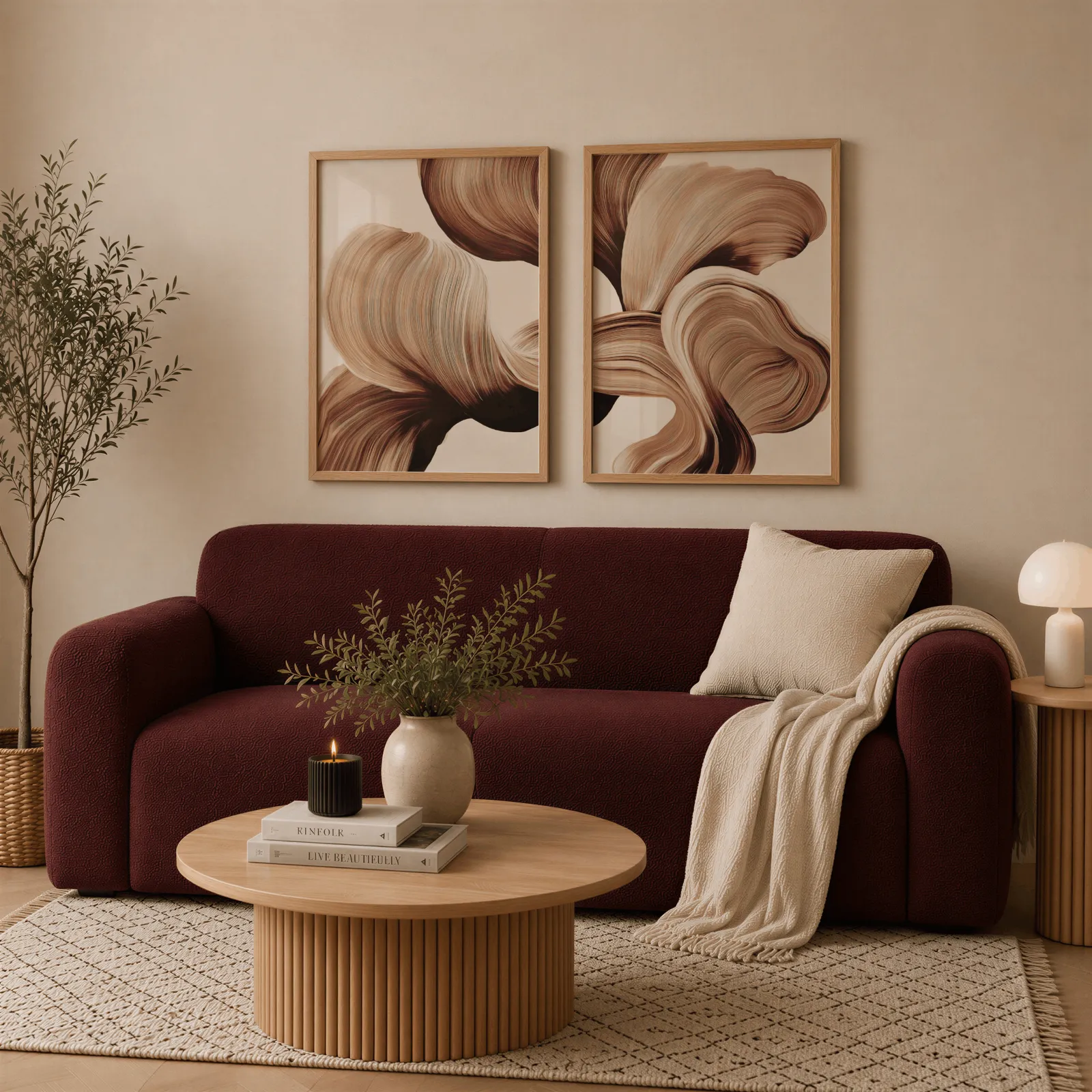 beige abstract wall art set of 2 with brown flowing curves, above a deep burgundy boucle sofa with cream throw