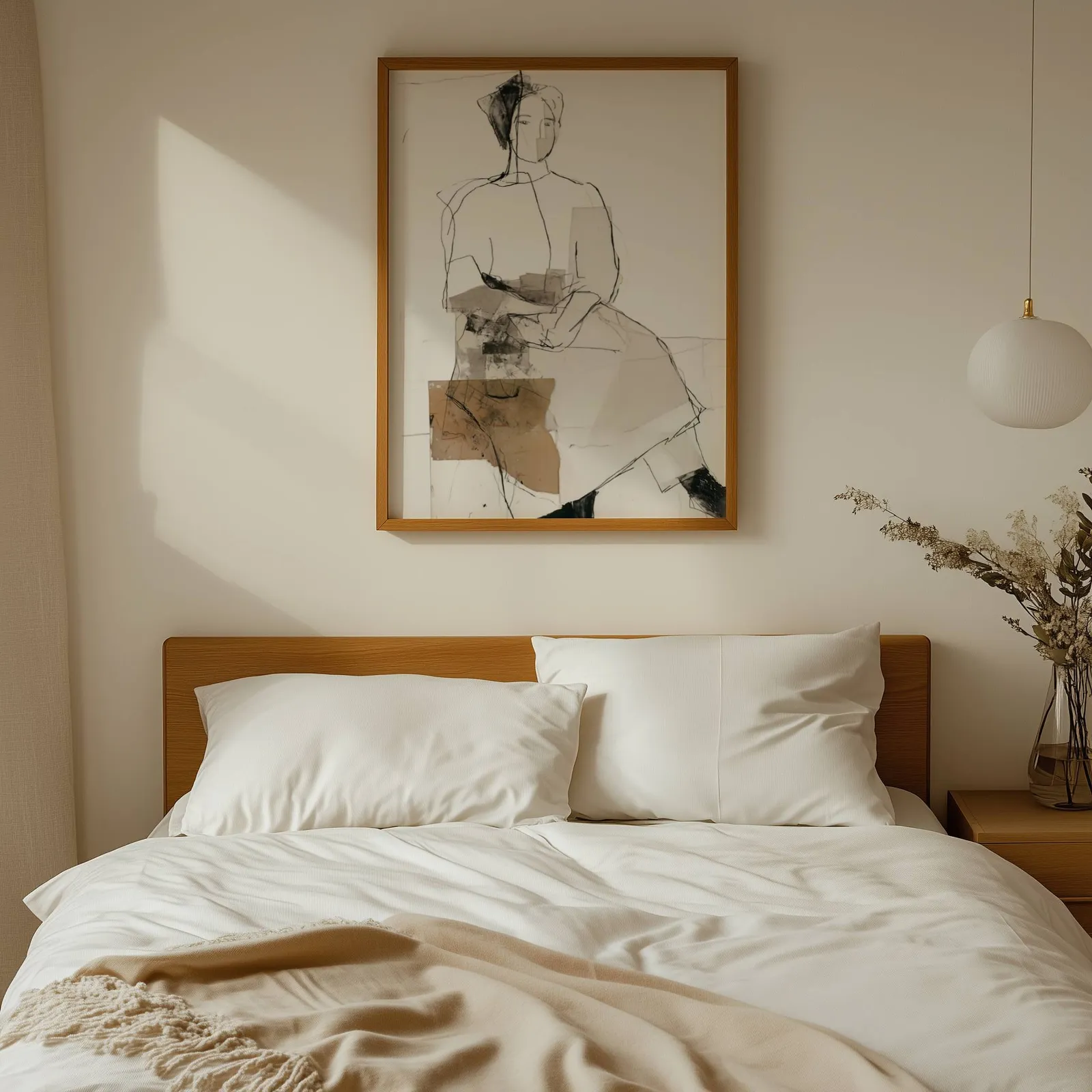 abstract seated figure line drawing wall art, above a wooden headboard with white linen pillows
