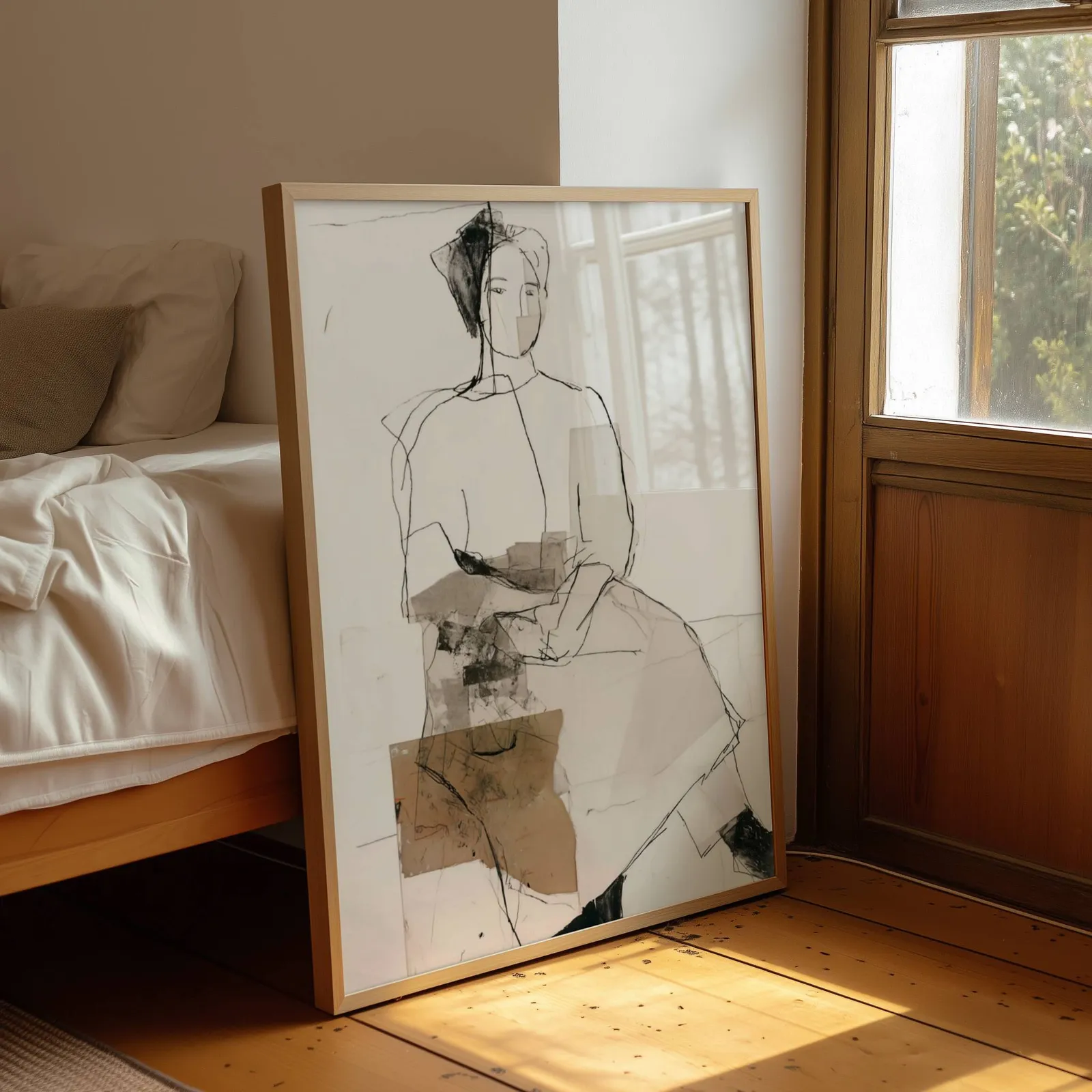 abstract seated figure line drawing wall art, leaning by a sunlit window beside an unmade bed