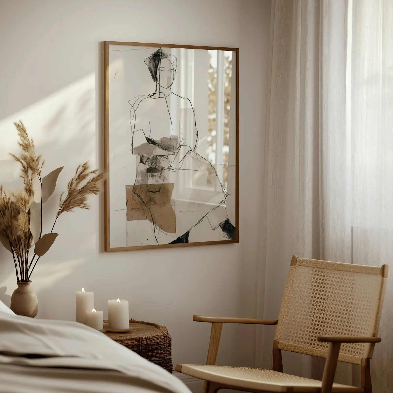abstract seated figure line drawing wall art, above a woven side table with lit candles and pampas grass