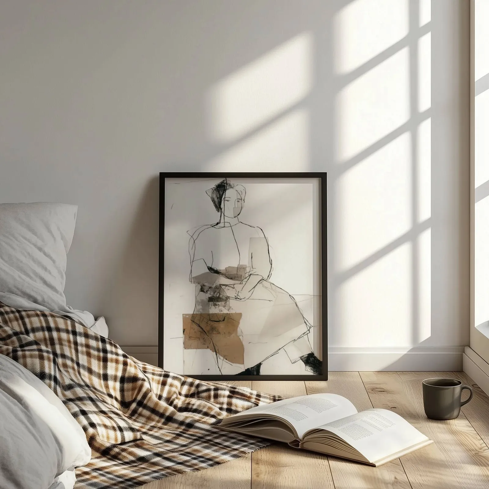 abstract seated figure line drawing wall art, leaning on the floor beside a plaid throw and open book
