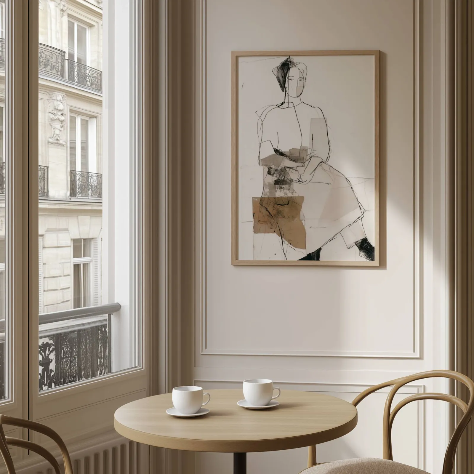 abstract seated figure line drawing wall art, above a round café table set with two coffee cups
