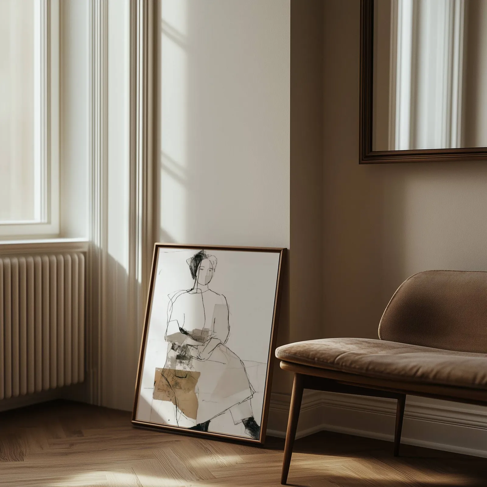 abstract seated figure line drawing wall art, leaning against the wall beside a sunlit radiator and herringbone floor