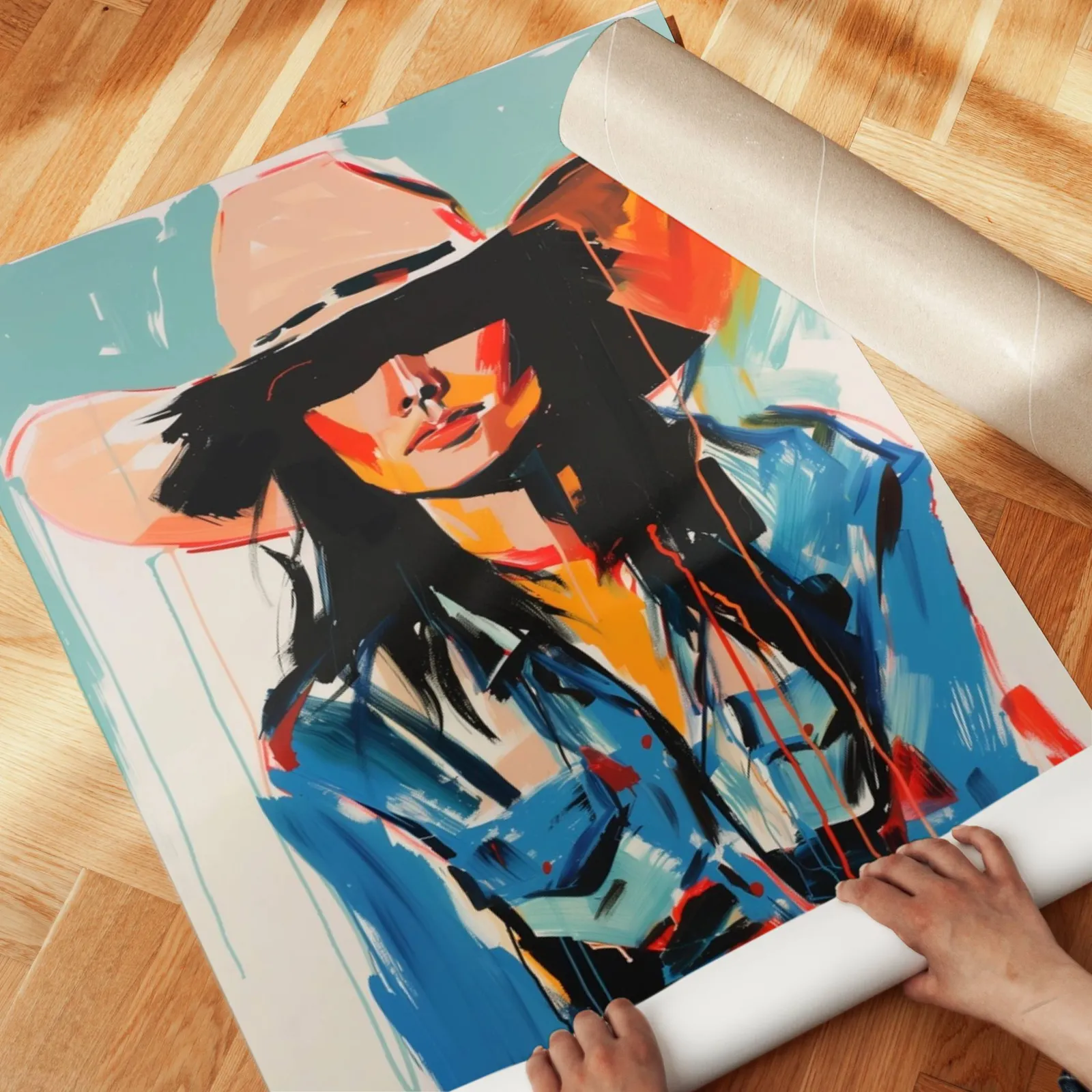 abstract cowgirl portrait wall art in blue and orange, unrolled across a herringbone parquet floor by hand