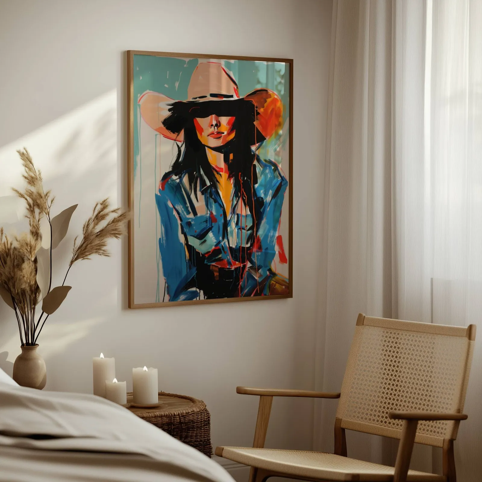 abstract cowgirl portrait wall art in blue and orange, above a woven side table with lit candles and pampas grass