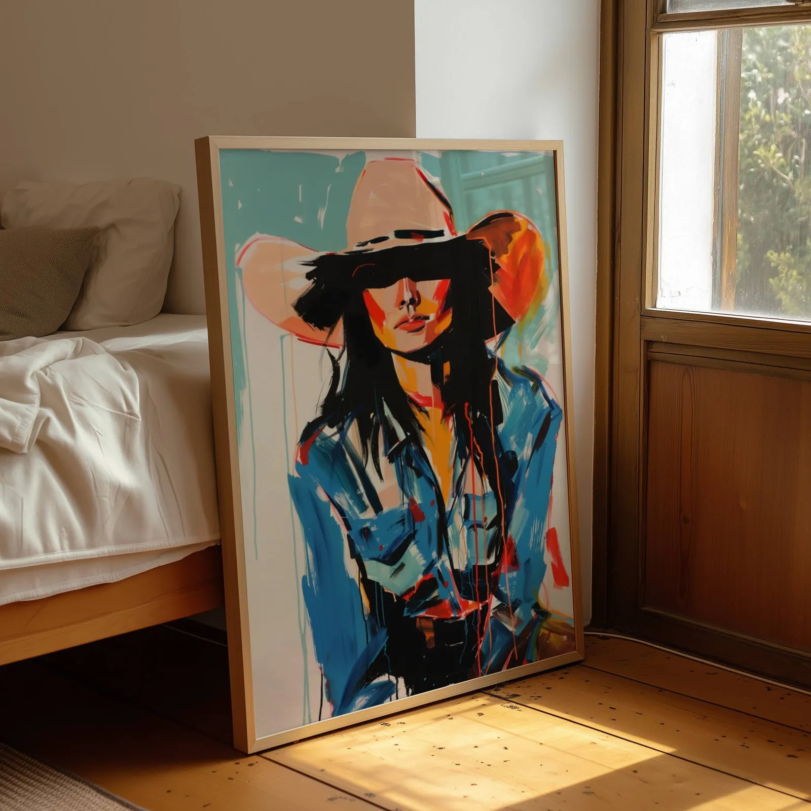 abstract cowgirl portrait wall art in blue and orange, leaning by a sunlit window beside an unmade bed