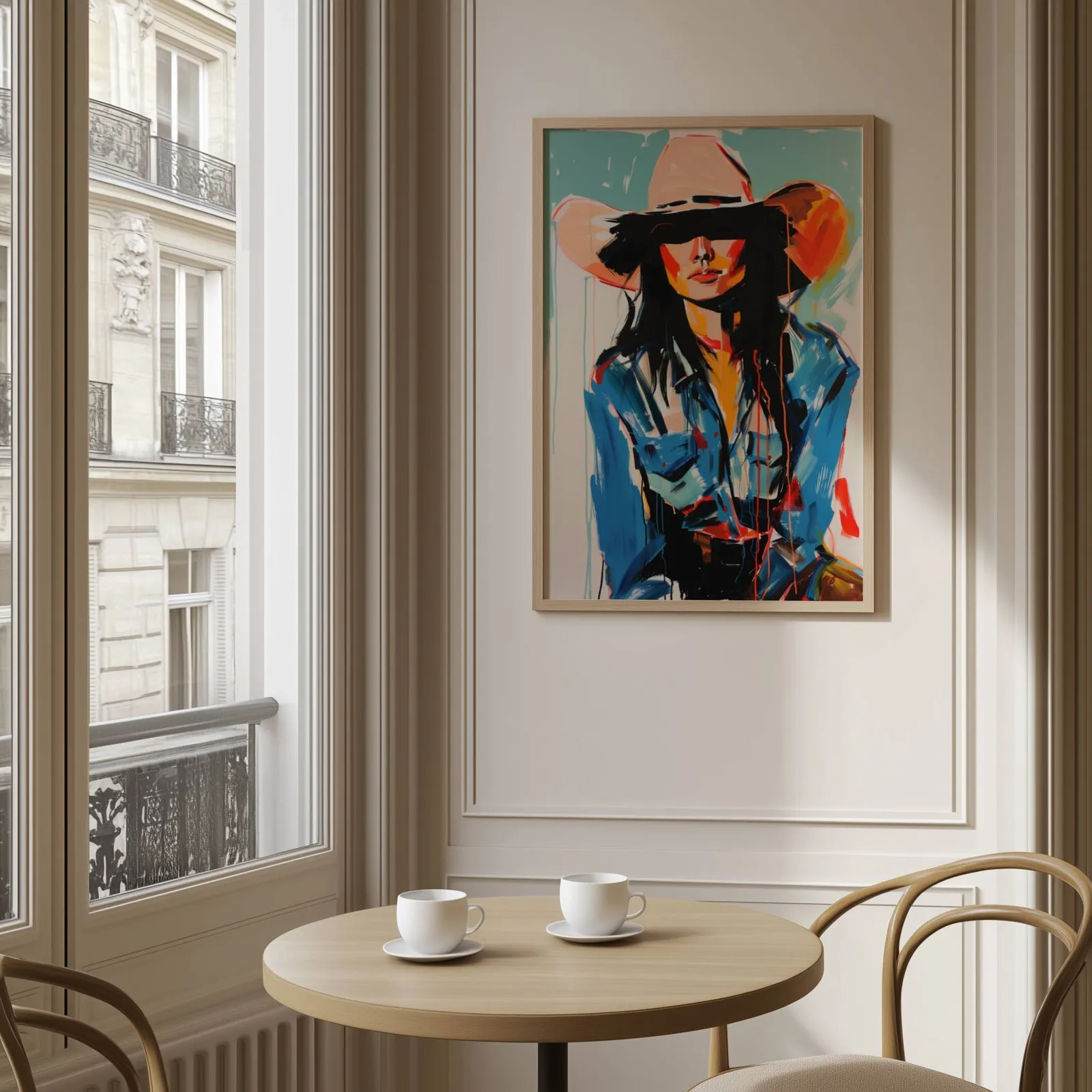 abstract cowgirl portrait wall art in blue and orange, above a round café table set with two coffee cups