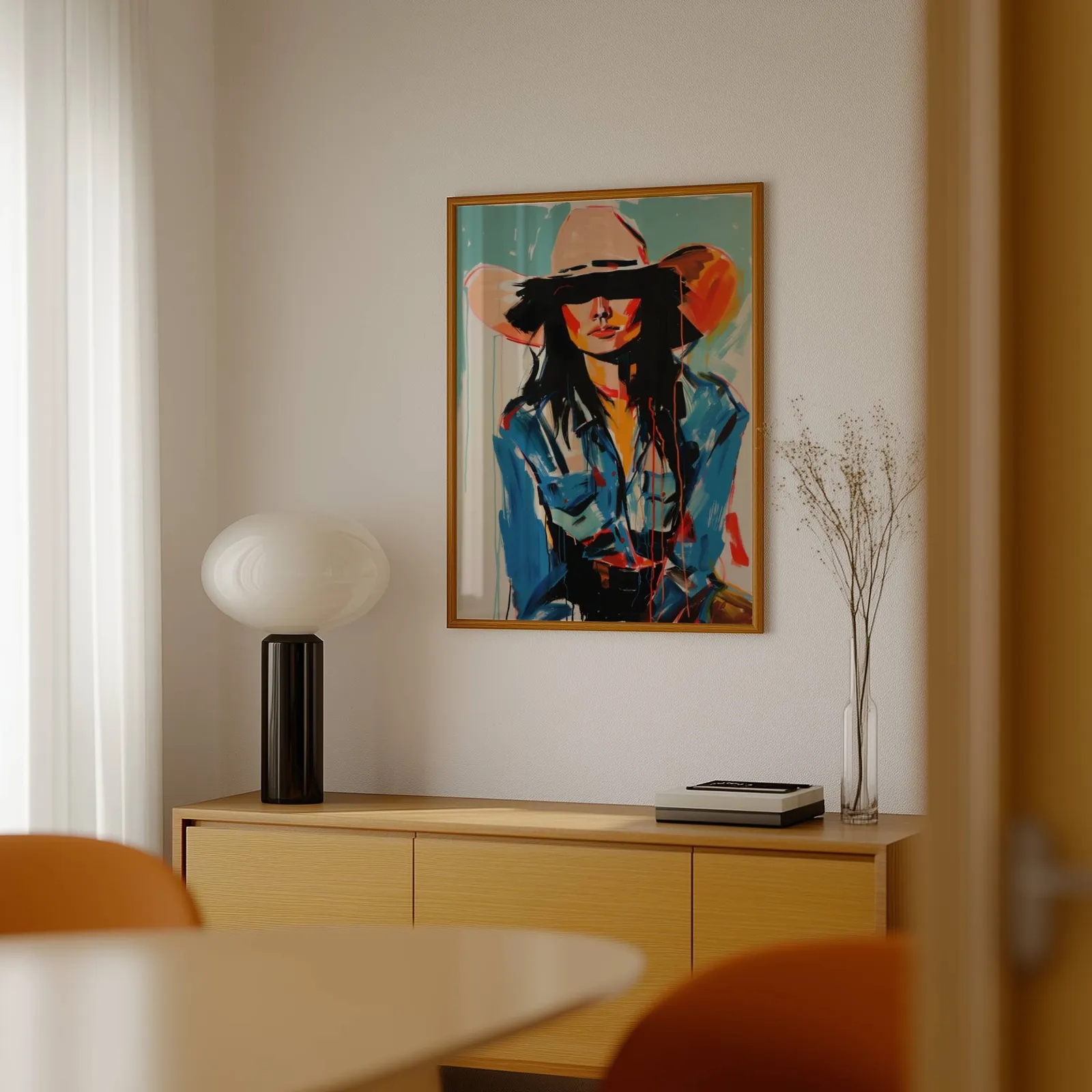 abstract cowgirl portrait wall art in blue and orange, above a light wood sideboard beside a bulbous black lamp