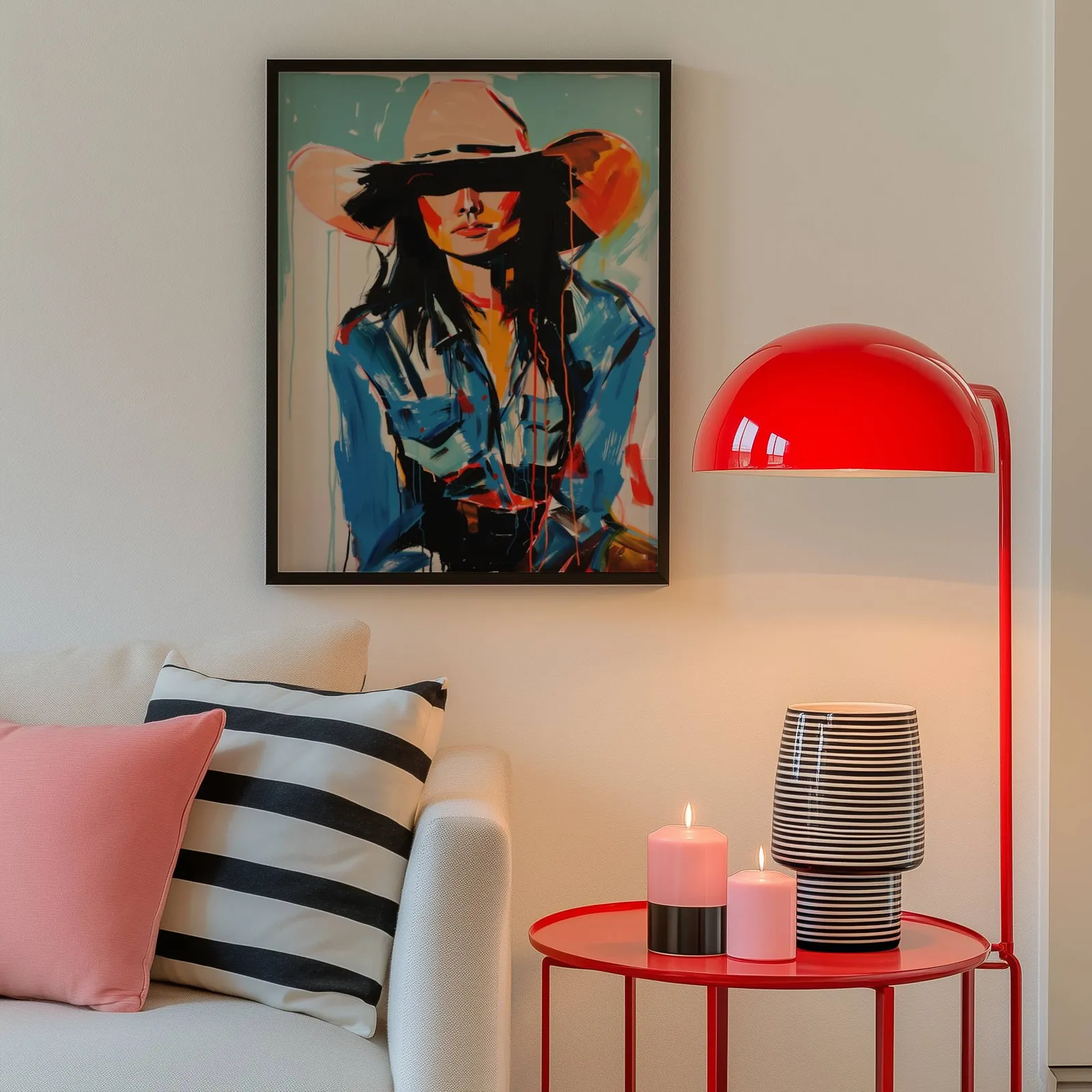 abstract cowgirl portrait wall art in blue and orange, above a cream sofa beside a glossy red dome lamp