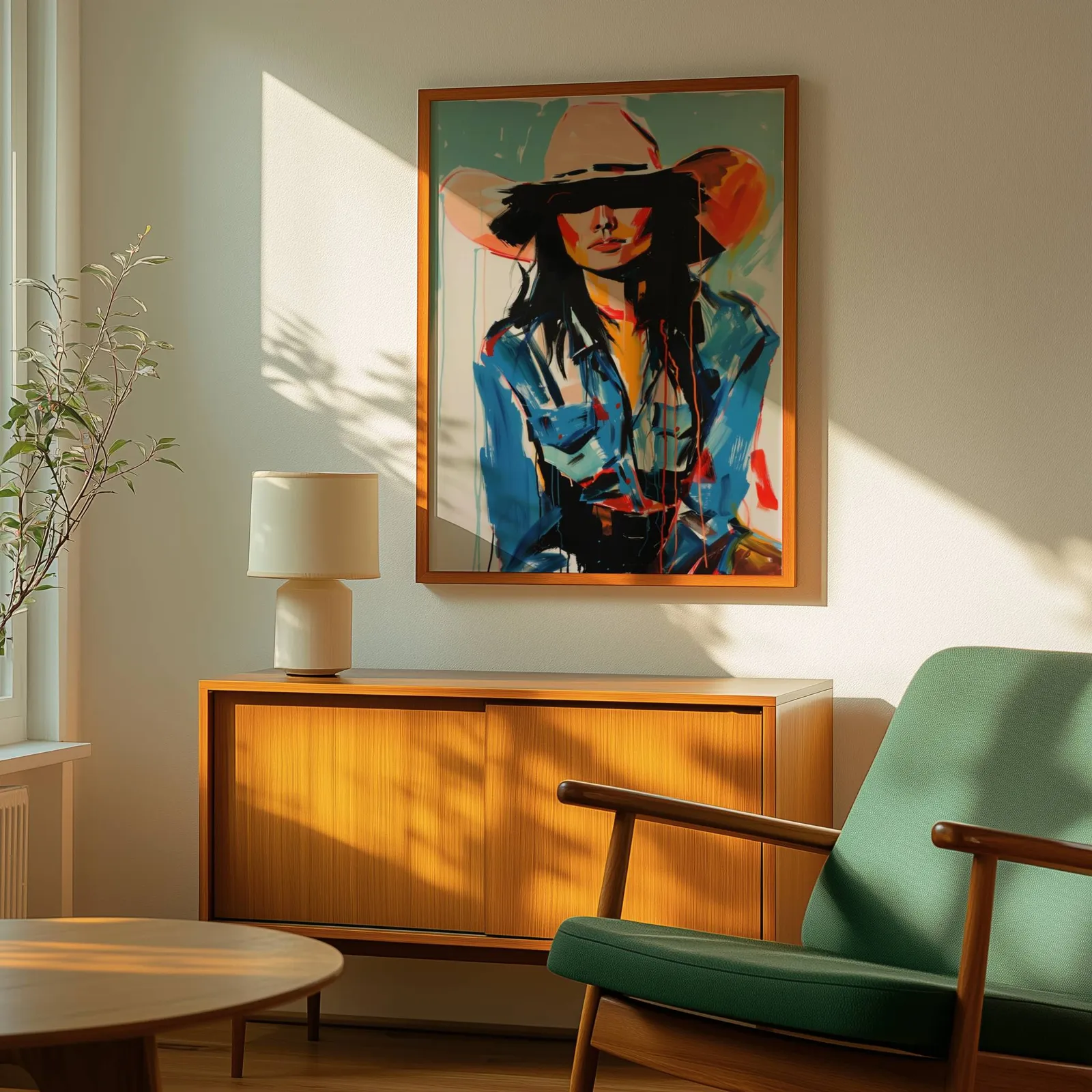 abstract cowgirl portrait wall art in blue and orange, above a wooden sideboard with a ceramic lamp and dappled sunlight