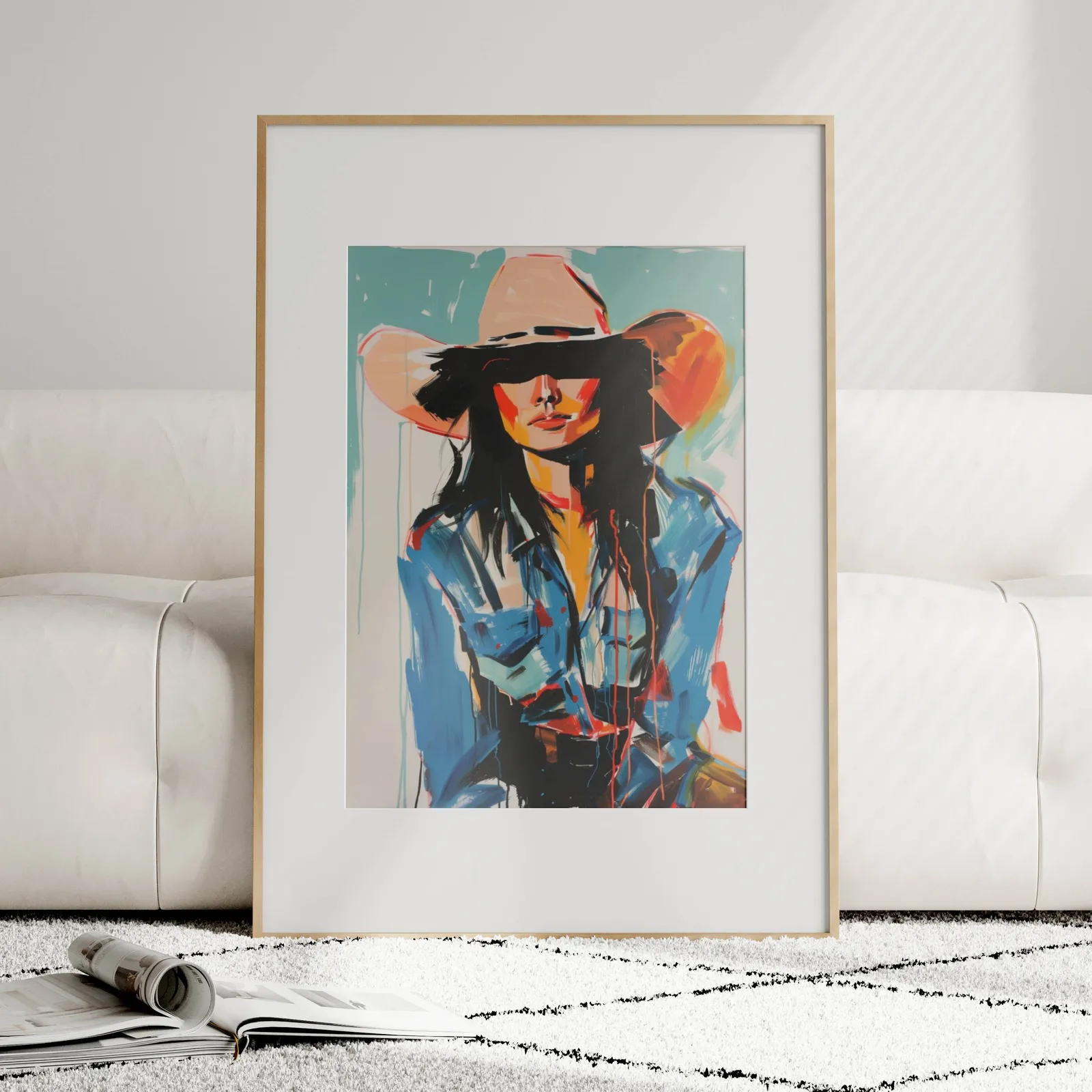 abstract cowgirl portrait wall art in blue and orange, leaning against a plush cream sofa on a patterned rug